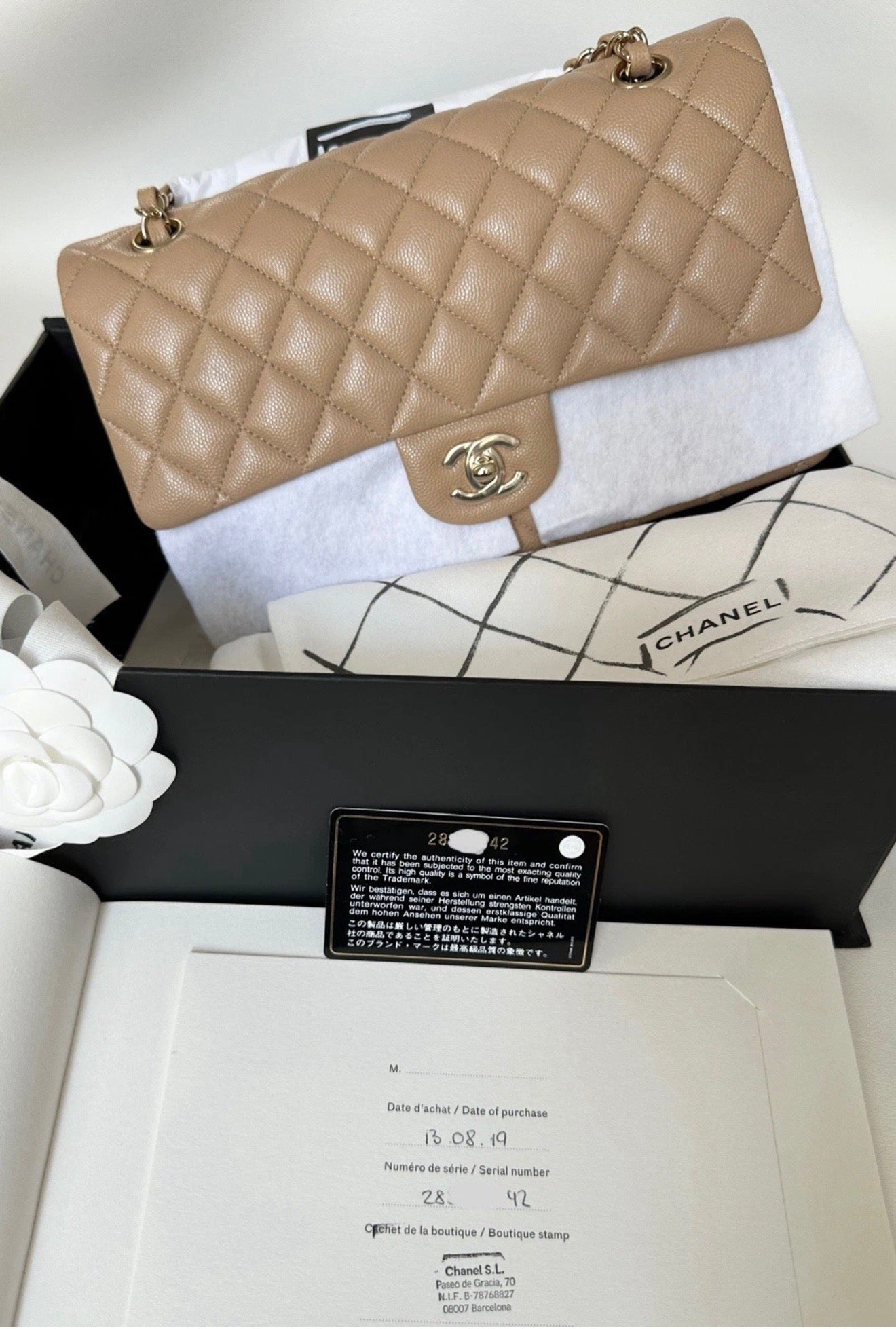 CHANEL DARK BEIGE CAVIAR LEATHER MEDIUM CLASSIC DOUBLE FLAP BAG LIGHT GOLD HARDWARE