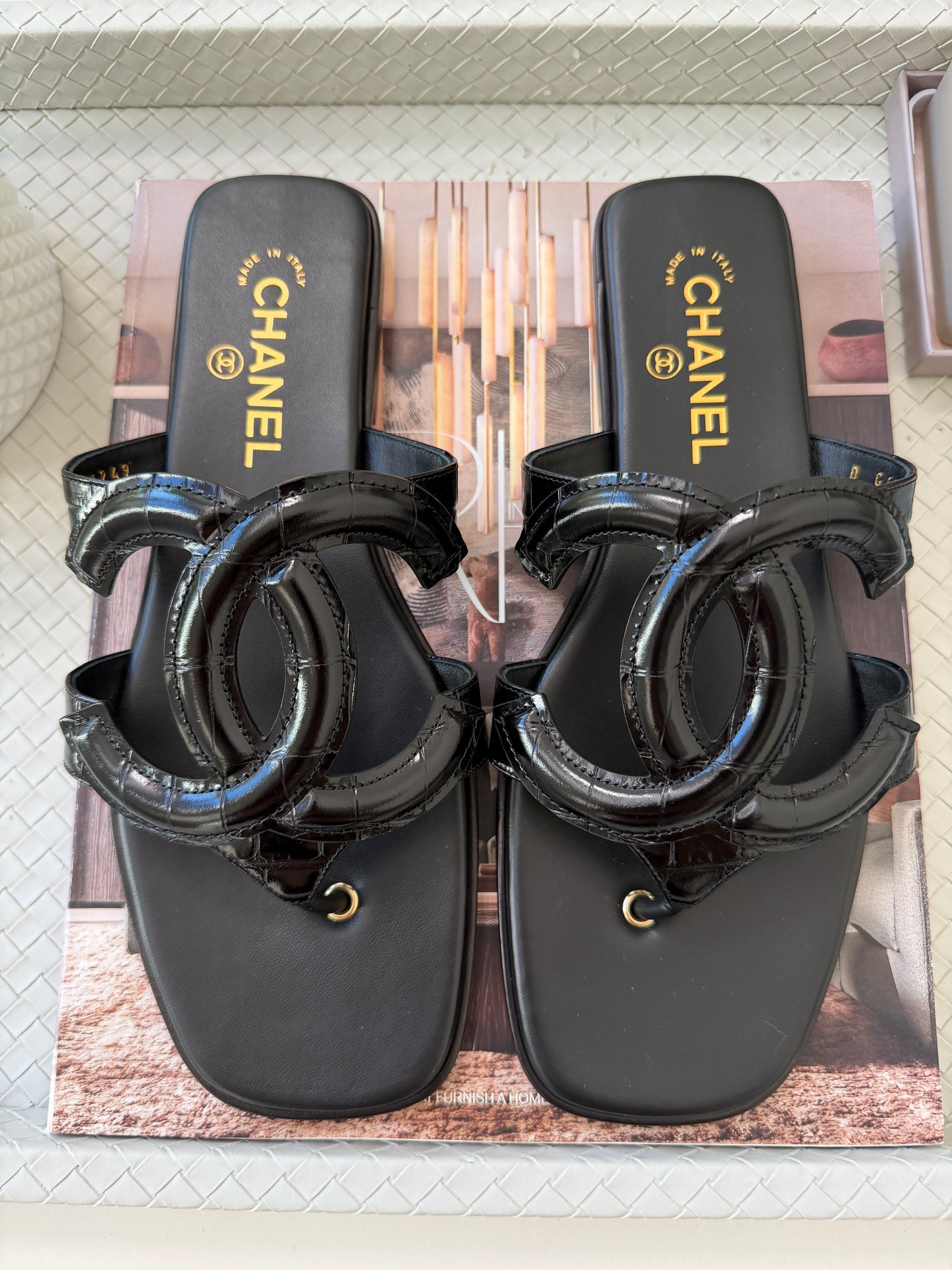 Chanel SS 26 Blazy Black Leather Croc Embossed CC Logo Slides Flat Flip Flop Mules Sandals