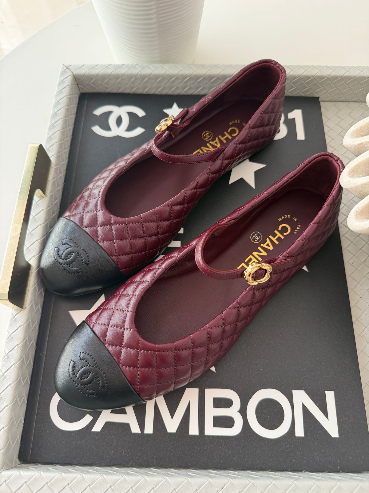 CHANEL CC LOGO BURGUNDY LEATHER MARYJANE BALLET BALLERINA FLATS SHOES GOLD BUCKLE QUILTED BLACK CAP TOE