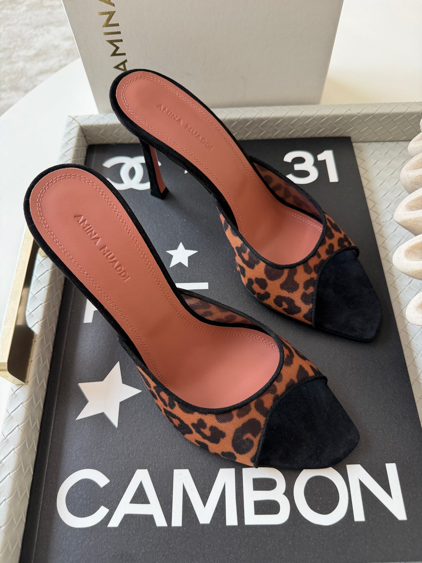 Amina Muaddi 95mm Alexa Black/Brown Leopard Print Mesh Mules Pumps Slides Animal Print Nylon Mule