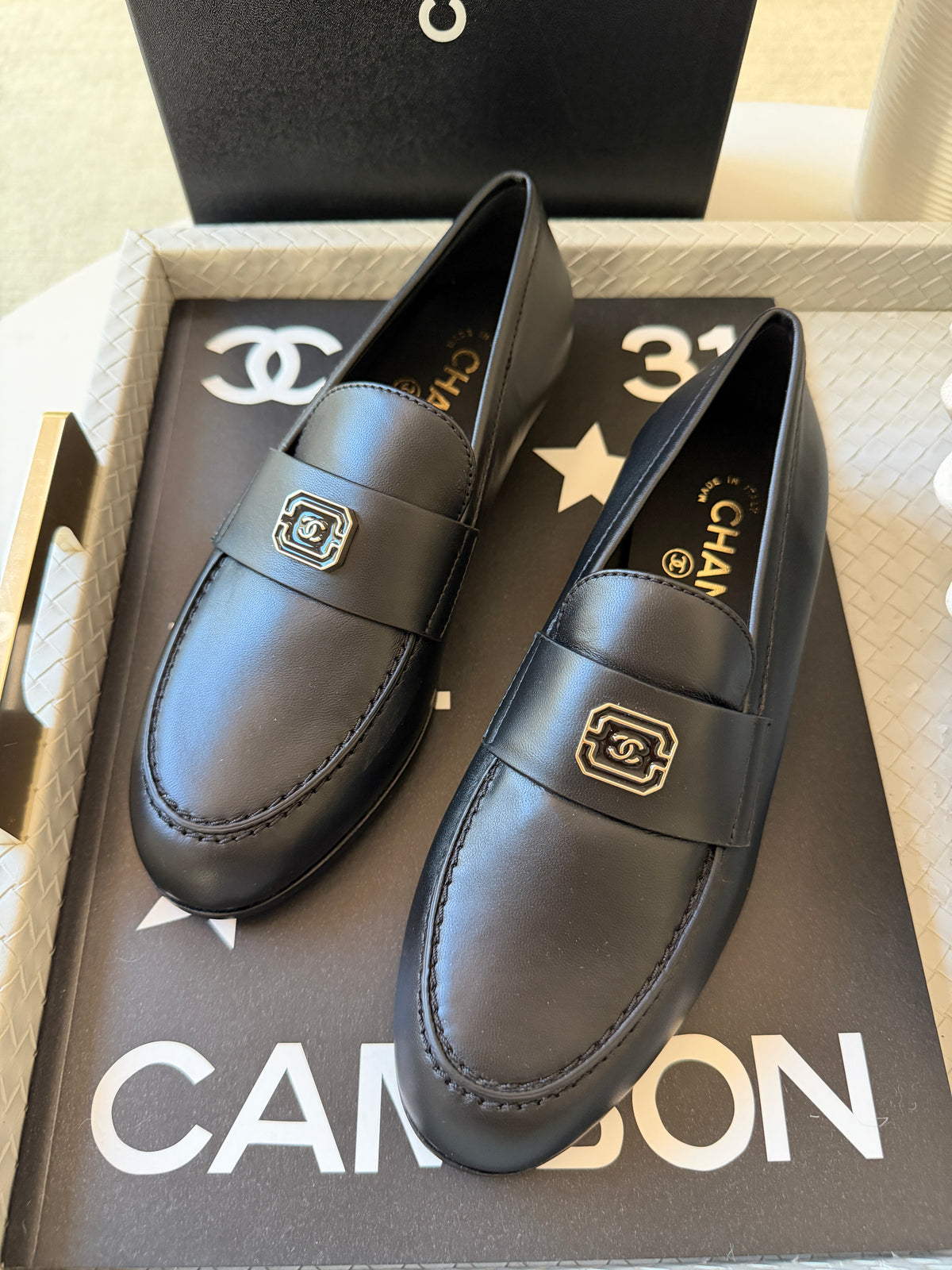 Chanel 2024 Classic Lambskin Leather Black Enamel CC Logo Moccasins Loafers Flats Shoes