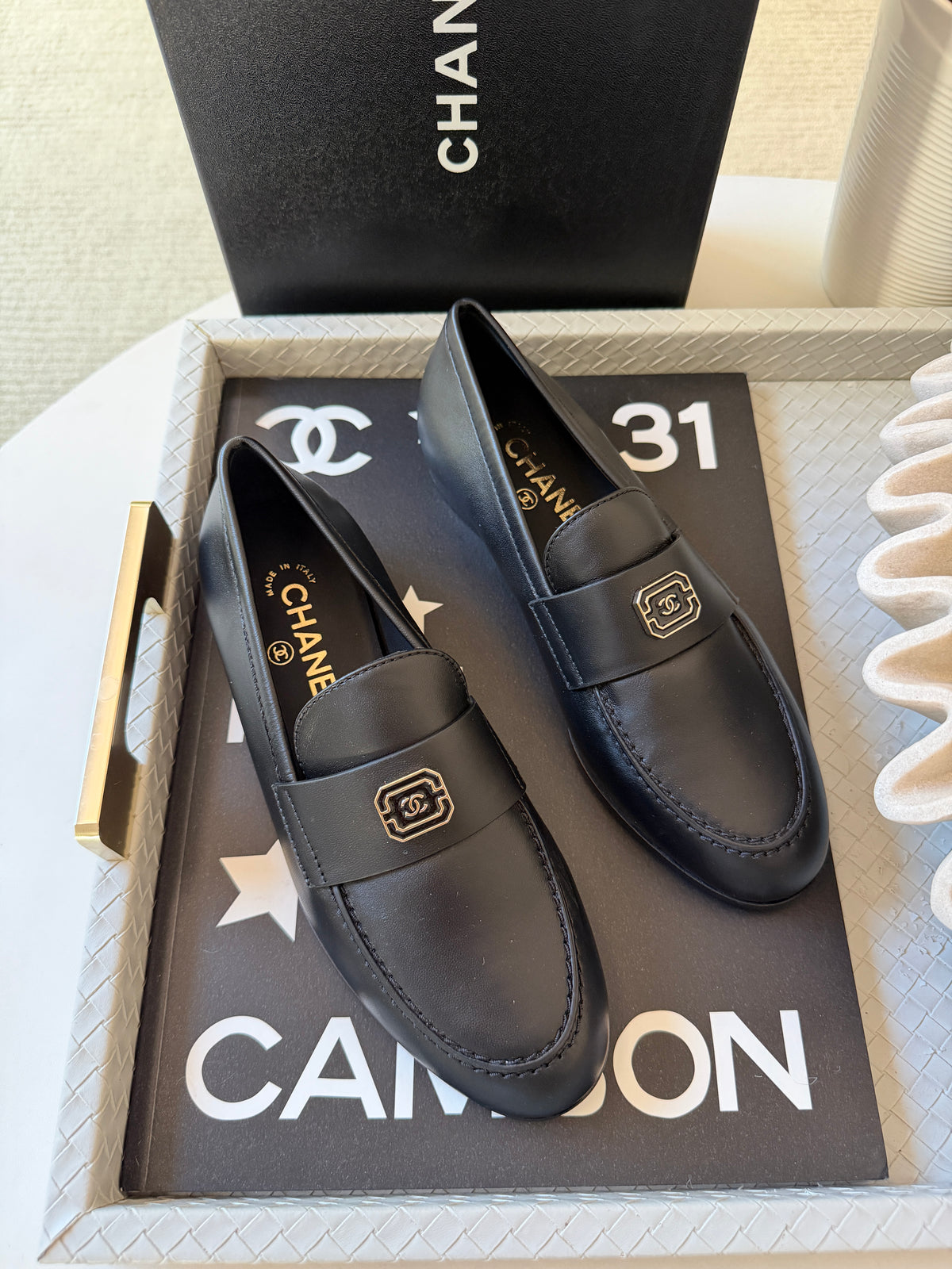 Chanel 2024 Classic Lambskin Leather Black Enamel CC Logo Moccasins Loafers Flats Shoes