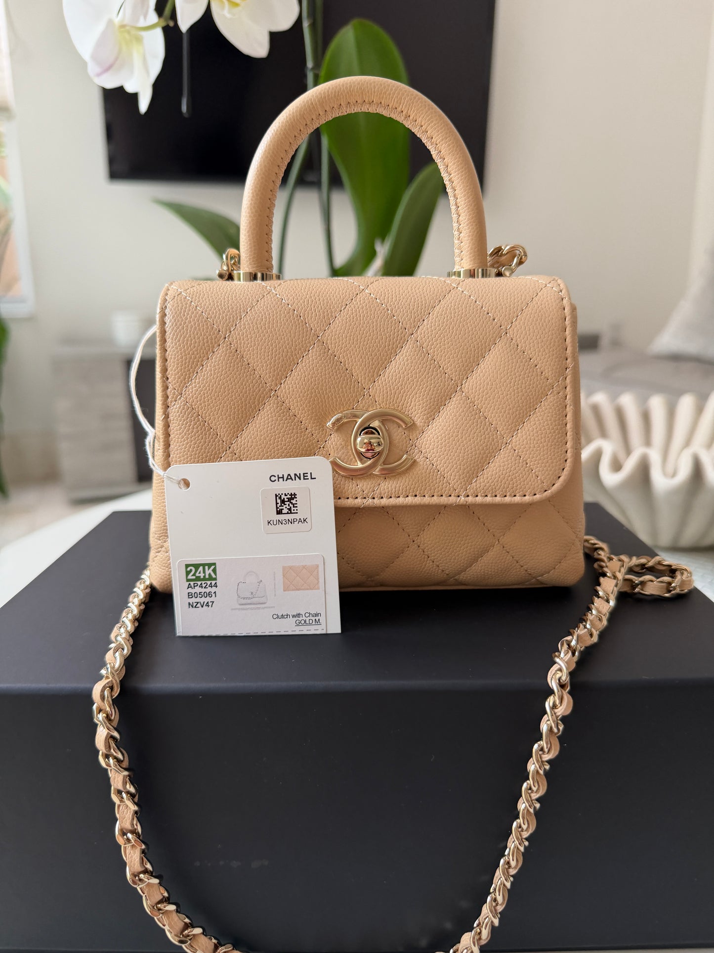 Chanel 24K AP4244 Micro Coco Handle Extra Mini Classic Flap Bag Beige Caviar Clutch with Chain Gold HW