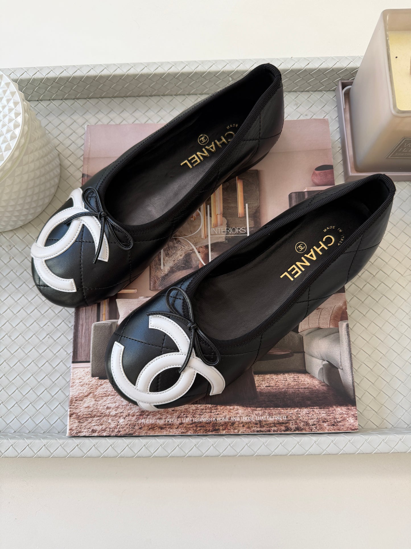 Chanel Cambon 2026 Coco Beach CC Logo Black Leather White Ballet Ballerina Flats