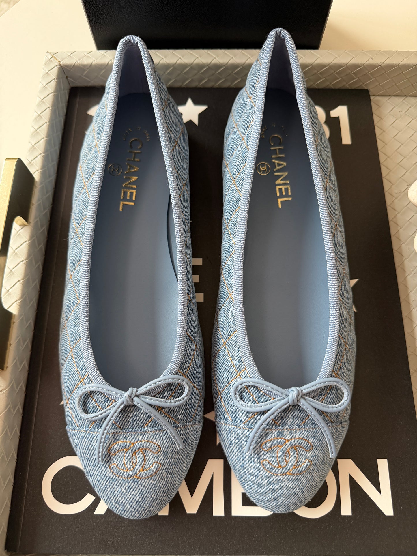 Chanel 26B Blazy Quilted Denim CC Logo Ballet Flats Light Blue Jean Ballerina