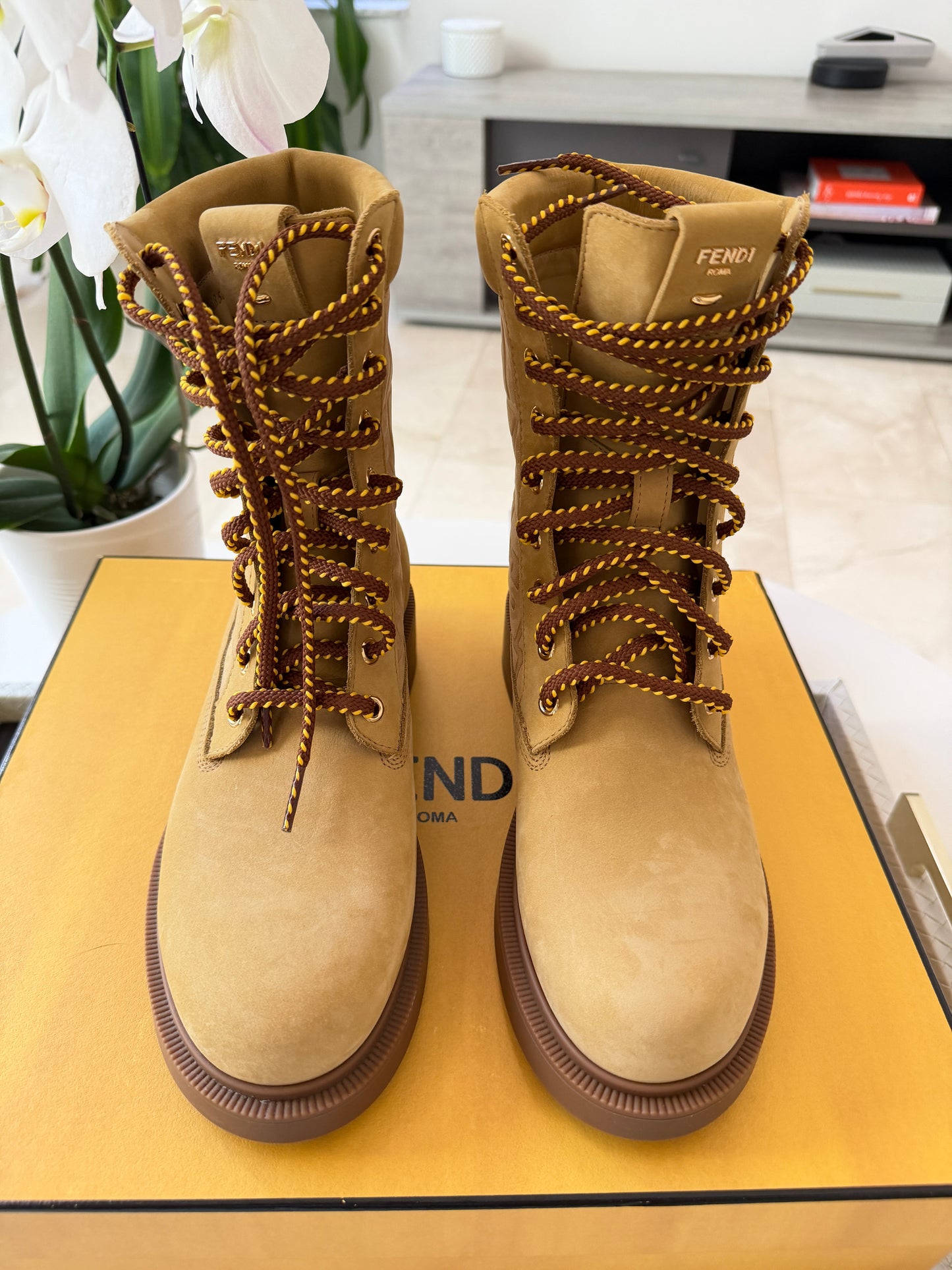 Fendi Filo Beige Nubuck FF Embossed Logo Lace Up Tie Combat Ankle Biker Boots