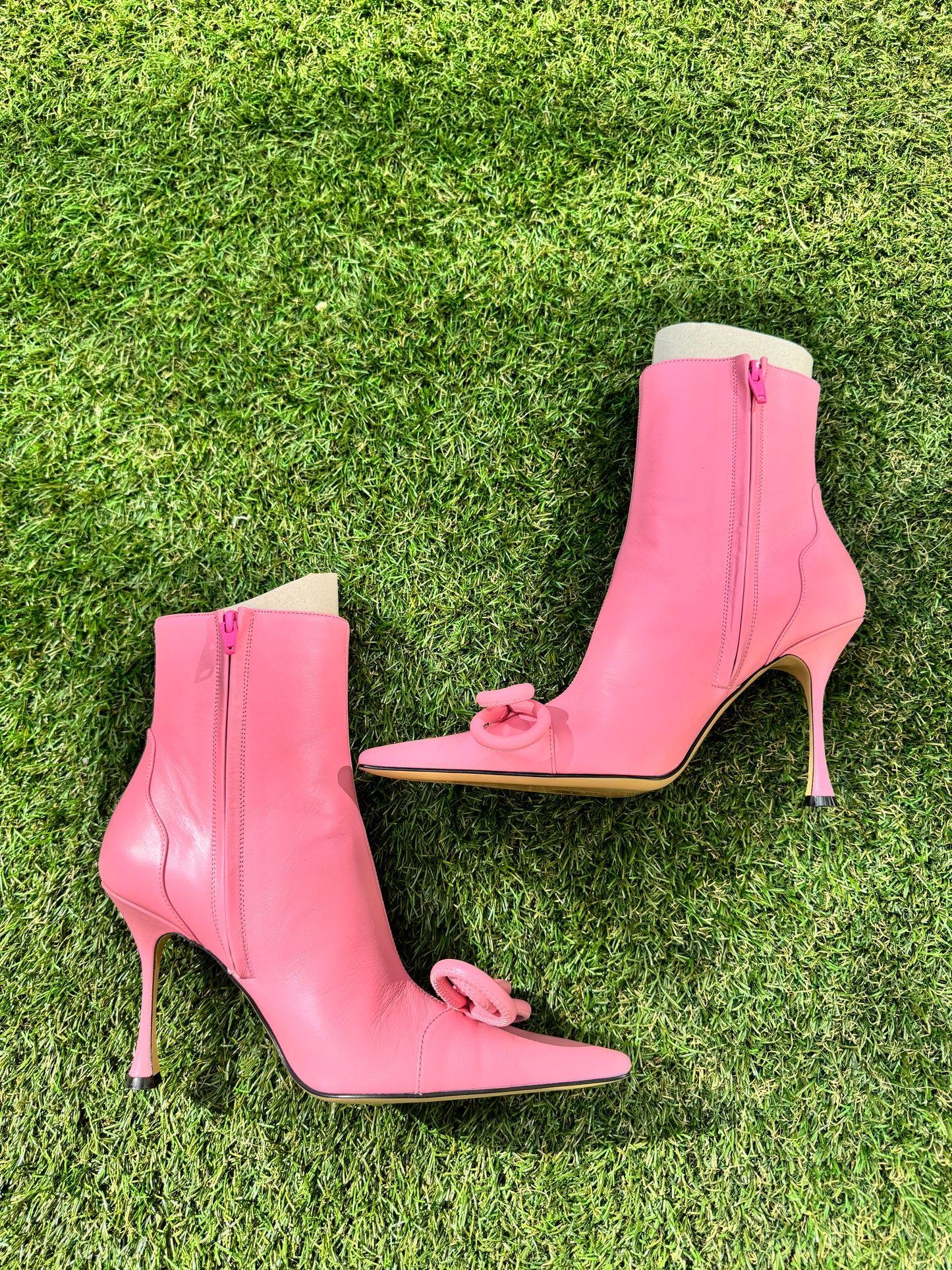 Mach & Mach Double Bow Pink Leather Pointed Toe Boots Booties