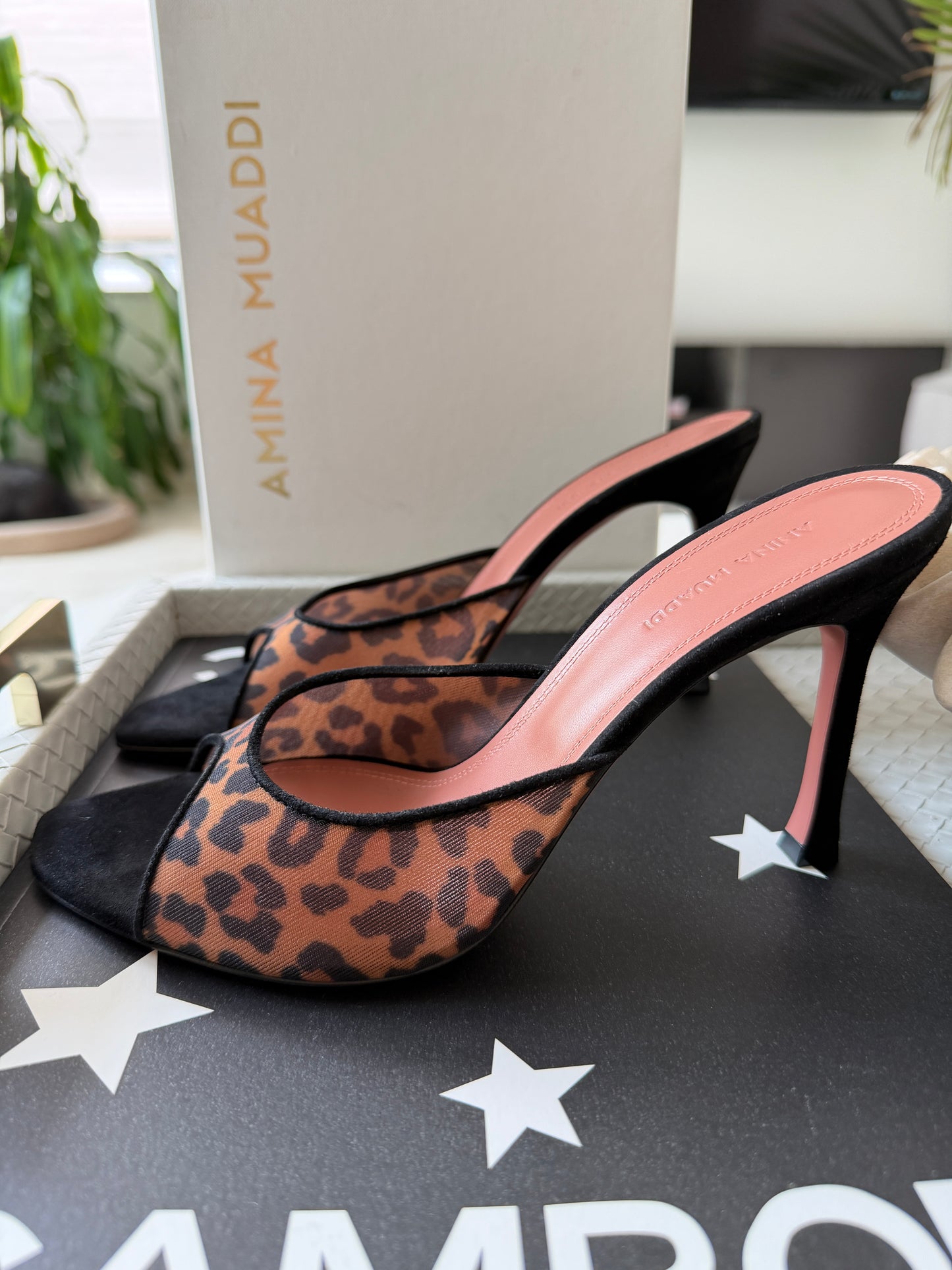 Amina Muaddi 95mm Alexa Black/Brown Leopard Print Mesh Mules Pumps Slides Animal Print Nylon Mule