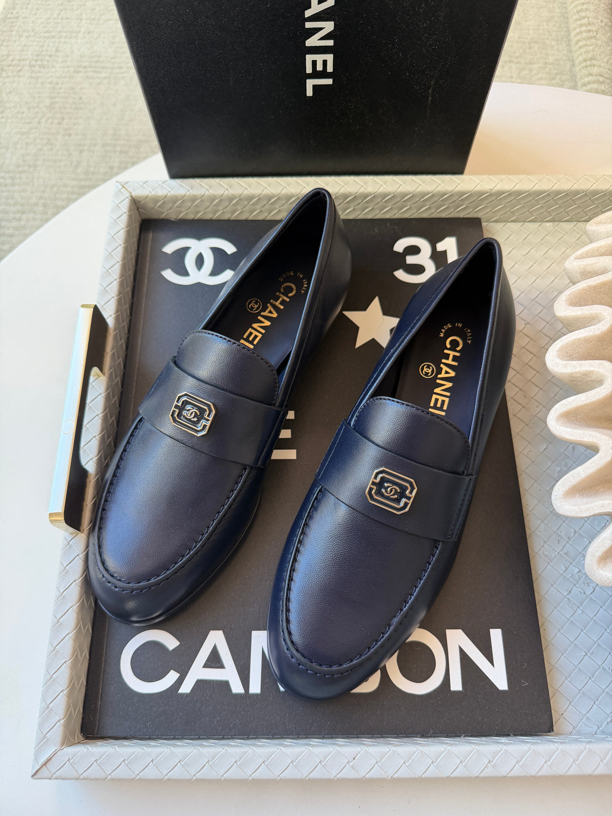 Chanel 2024 Classic Lambskin Leather Navy Blue Enamel CC Logo Moccasins Loafers Flats Shoes