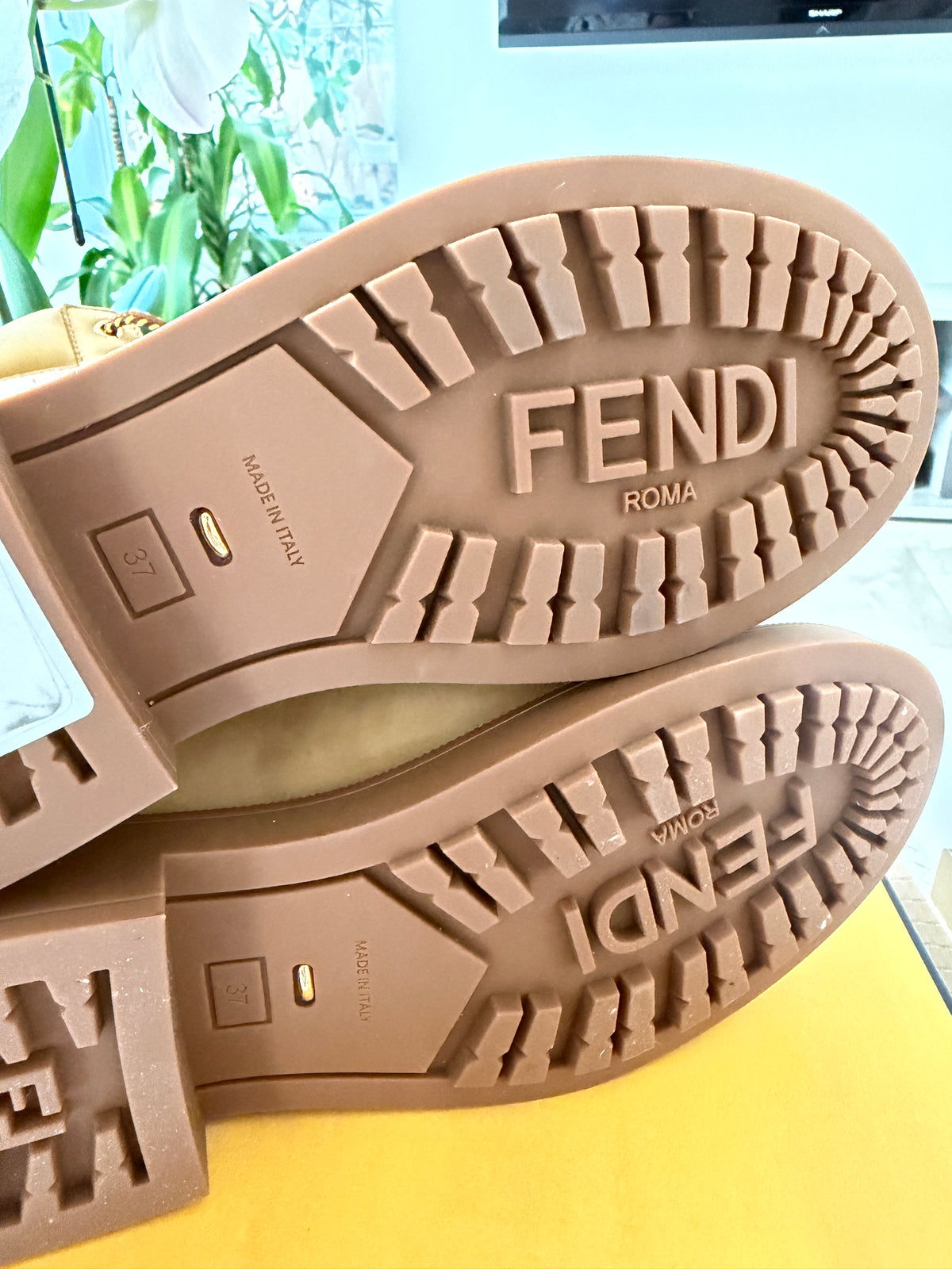 Fendi Filo Beige Nubuck FF Embossed Logo Lace Up Tie Combat Ankle Biker Boots