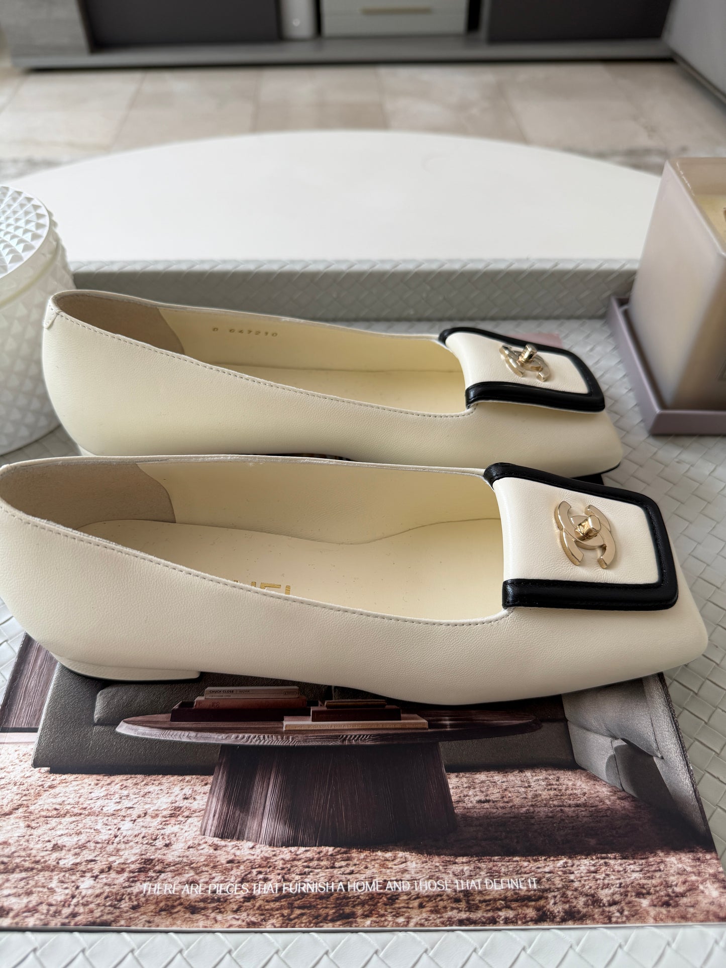 Chanel SS 26 Blazy Ivory Lambskin Square Toe CC Logo Turn-lock Ballet Flats