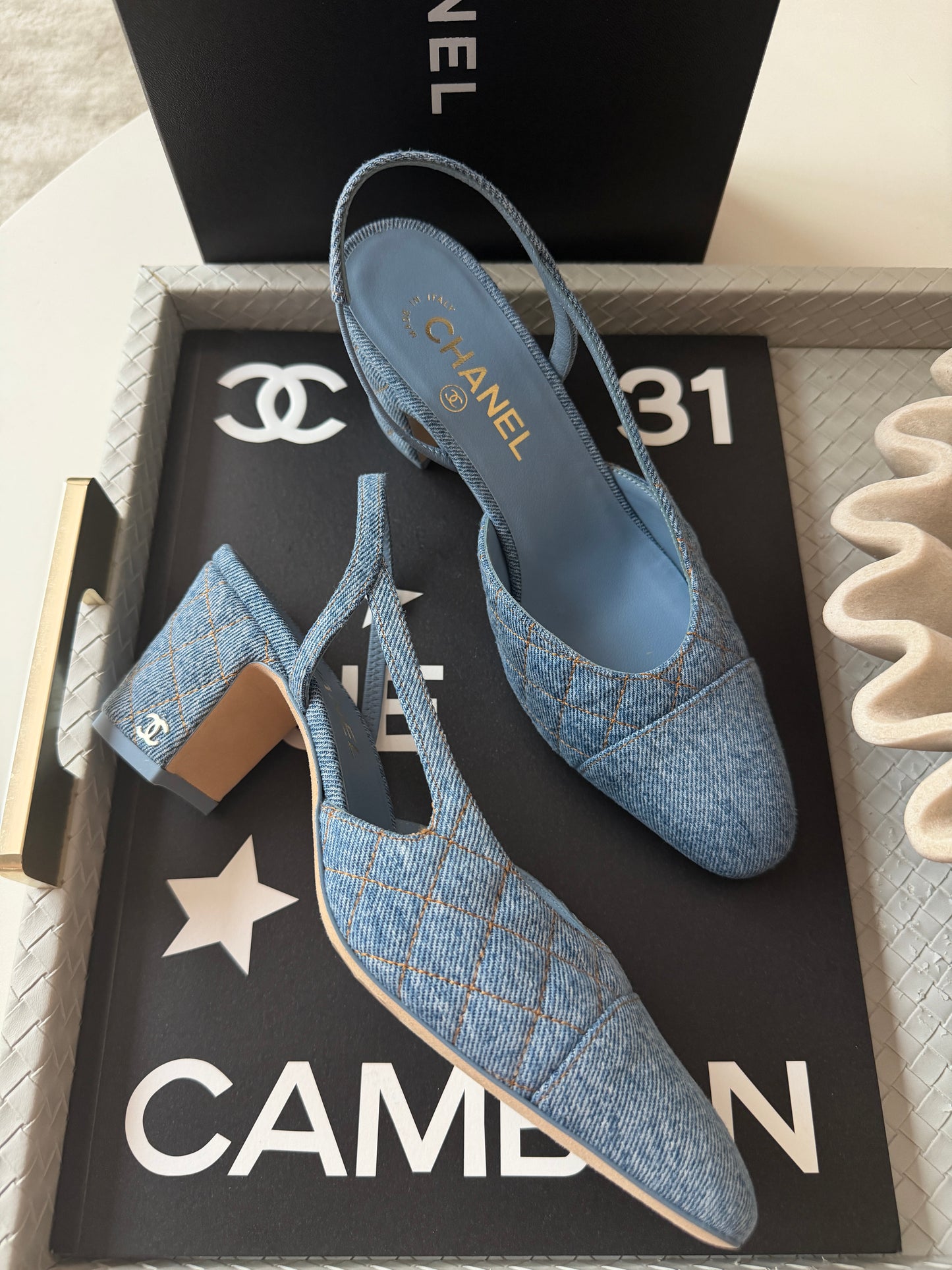 Chanel 26B CC Logo Light Blue Quilted Denim Jean Slingback Pumps Chunky Heel
