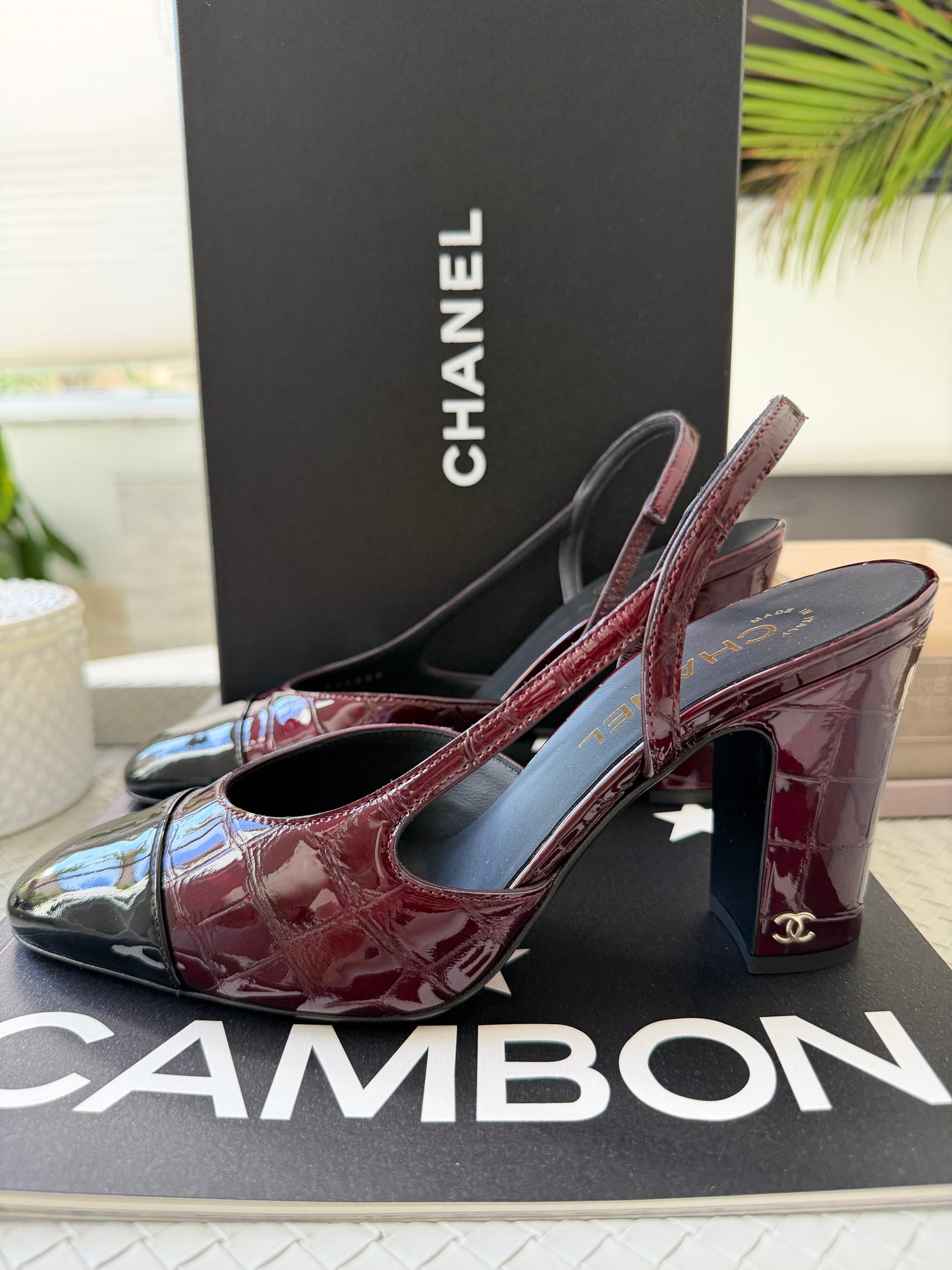 Chanel 26A Coco Sling Burgundy Bordeaux Fonce Croc Embossed Patent Leather Slingback Metiers Dart Pumps Heels