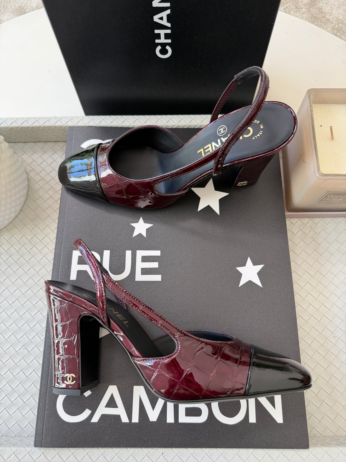 Chanel 26A Coco Sling Burgundy Bordeaux Fonce Croc Embossed Patent Leather Slingback Metiers Dart Pumps Heels