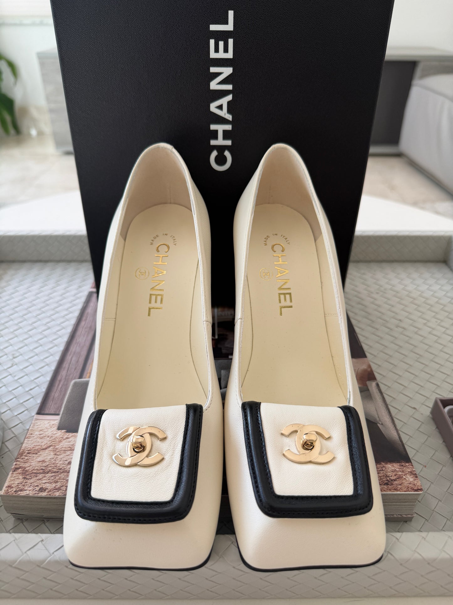 Chanel SS 26 Blazy Ivory Black Lambskin Square Toe CC Logo Turn-lock Pumps Heels