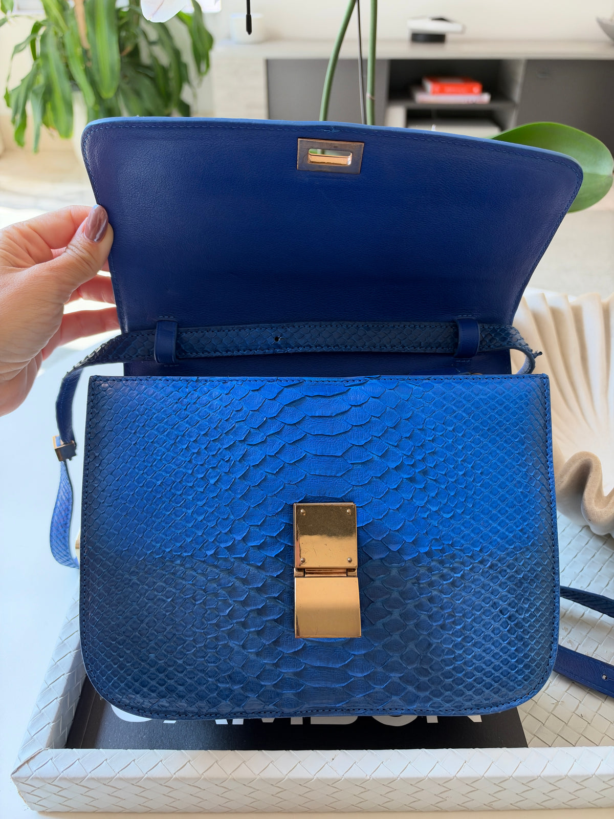 Celine Python Royal Blue Box GHW Medium Flap Handbag Cross Body Bag
