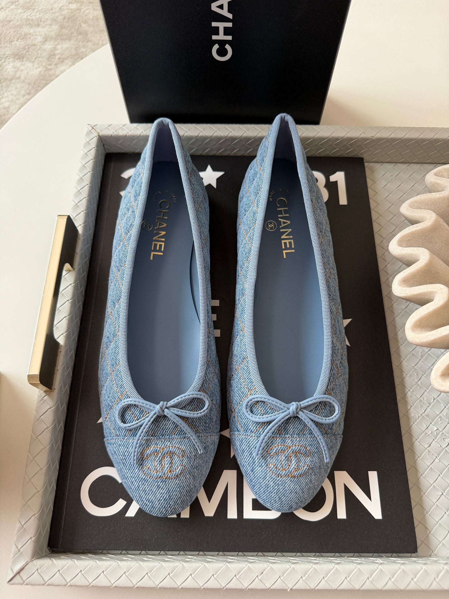 Chanel 26B Blazy Quilted Denim CC Logo Ballet Flats Light Blue Jean Ballerina