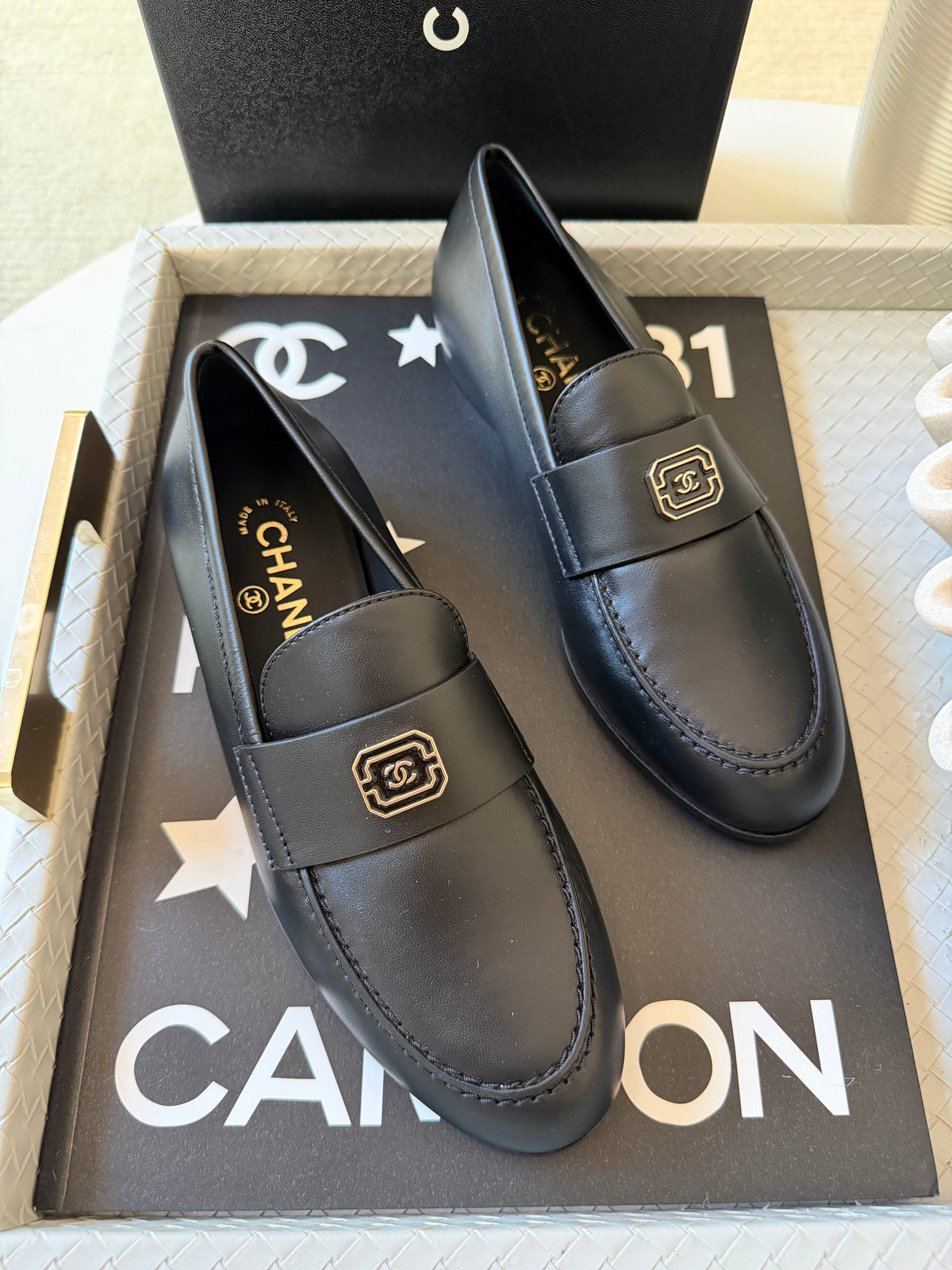 Chanel 2024 Classic Lambskin Leather Black Enamel CC Logo Moccasins Loafers Flats Shoes