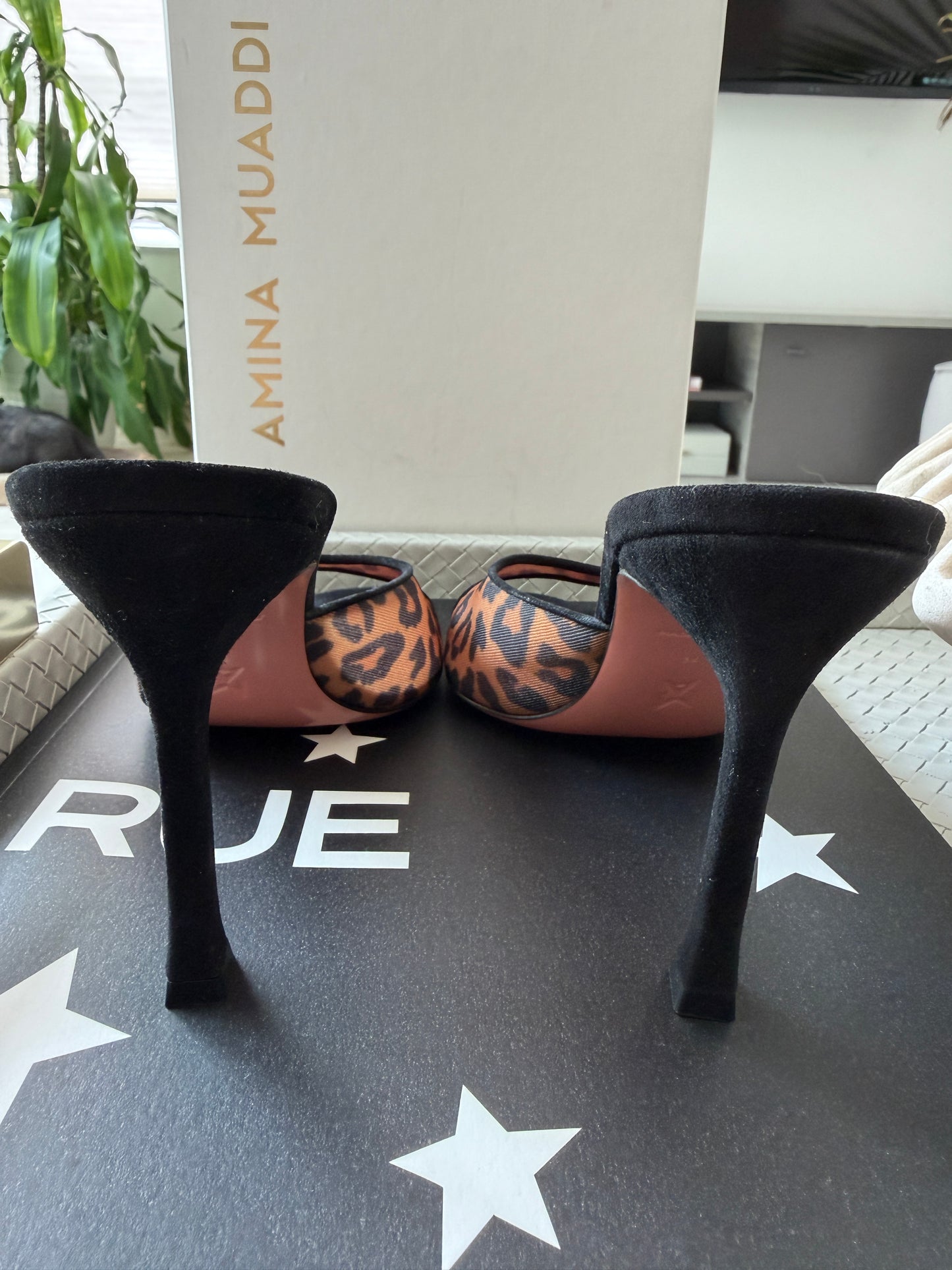 Amina Muaddi 95mm Alexa Black/Brown Leopard Print Mesh Mules Pumps Slides Animal Print Nylon Mule