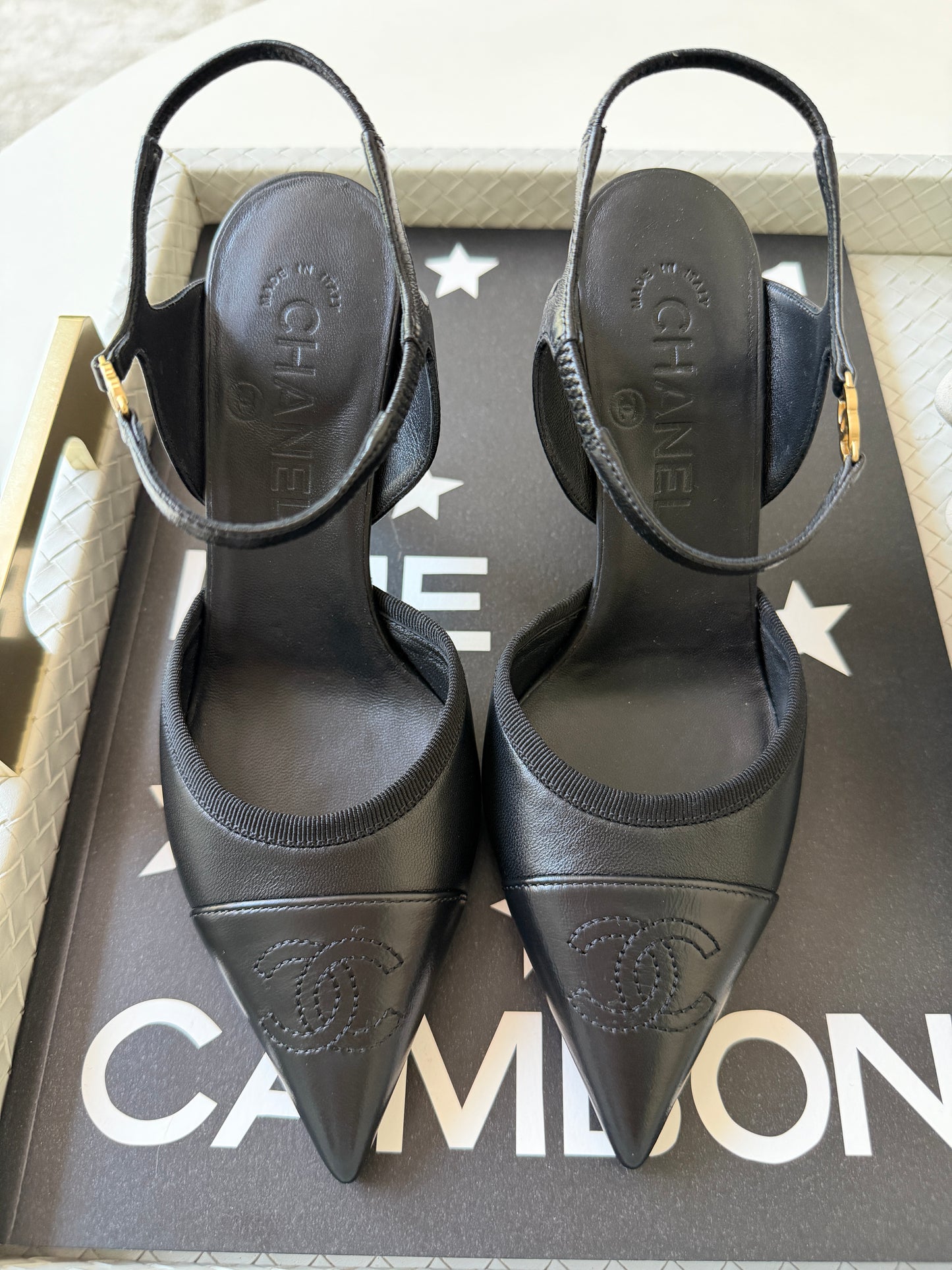 CHANEL SS 2026 BLAZY BLACK CAP POINTED TOE LEATHER CC LOGO HEELS SHOES PUMPS SLINGBACKS