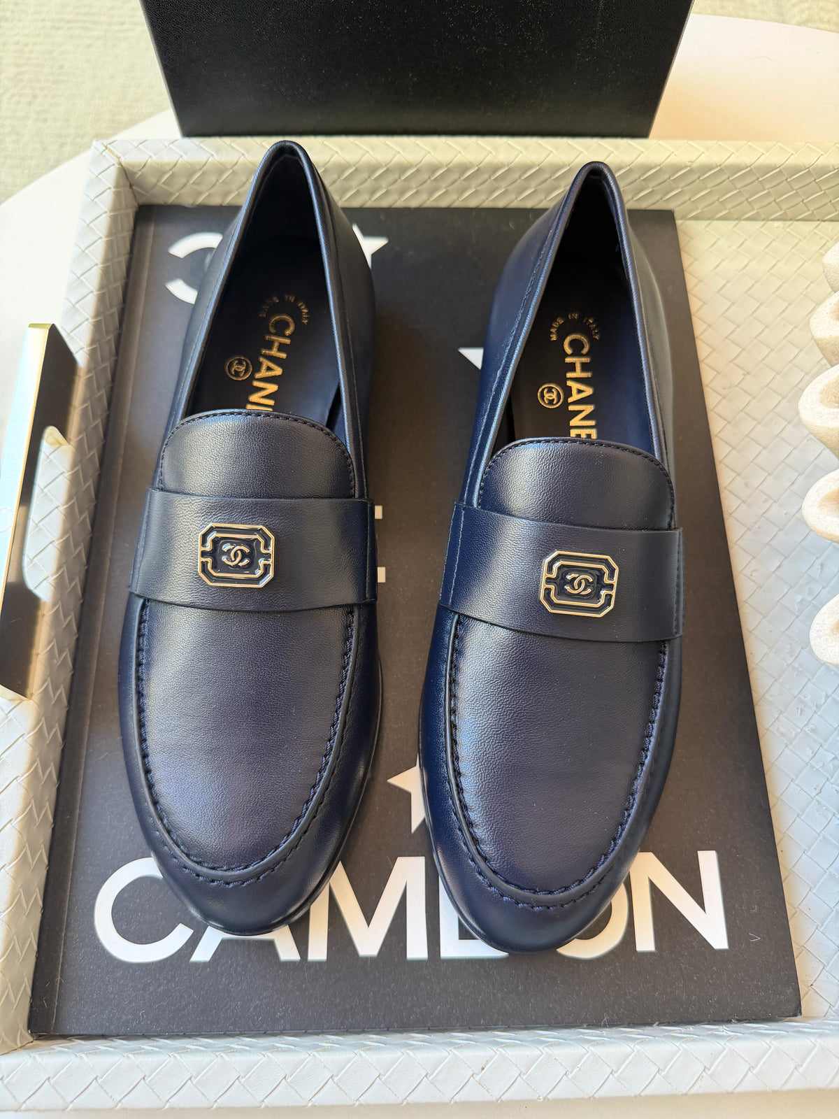 Chanel 2024 Classic Lambskin Leather Navy Blue Enamel CC Logo Moccasins Loafers Flats Shoes