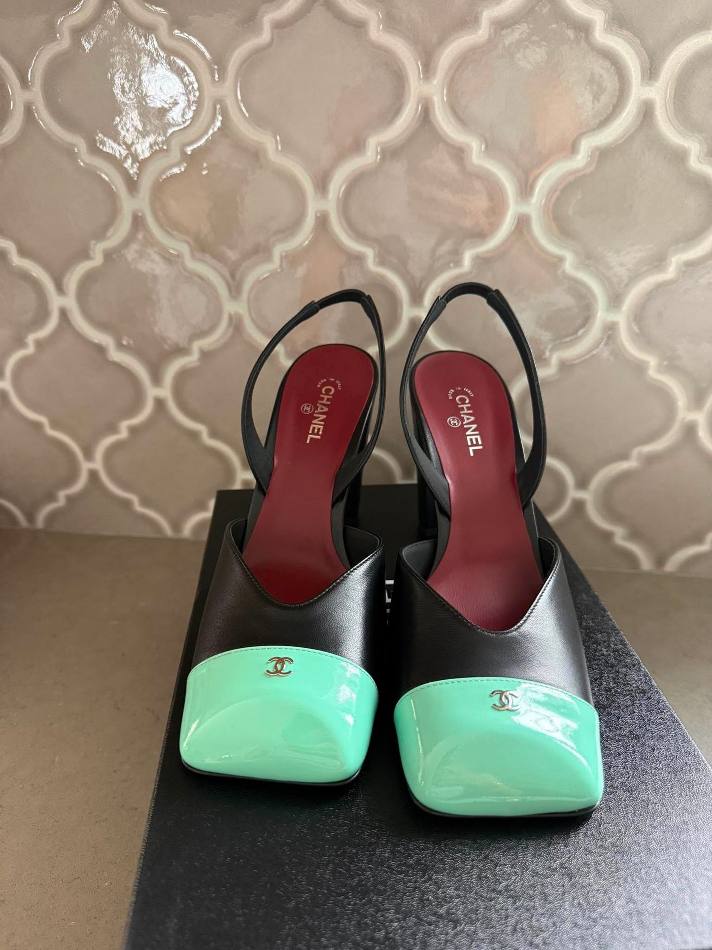 Chanel 26S Blazy Black Green Minty Square Cap Toe Sling CC Slingback Chunky Heel Pumps