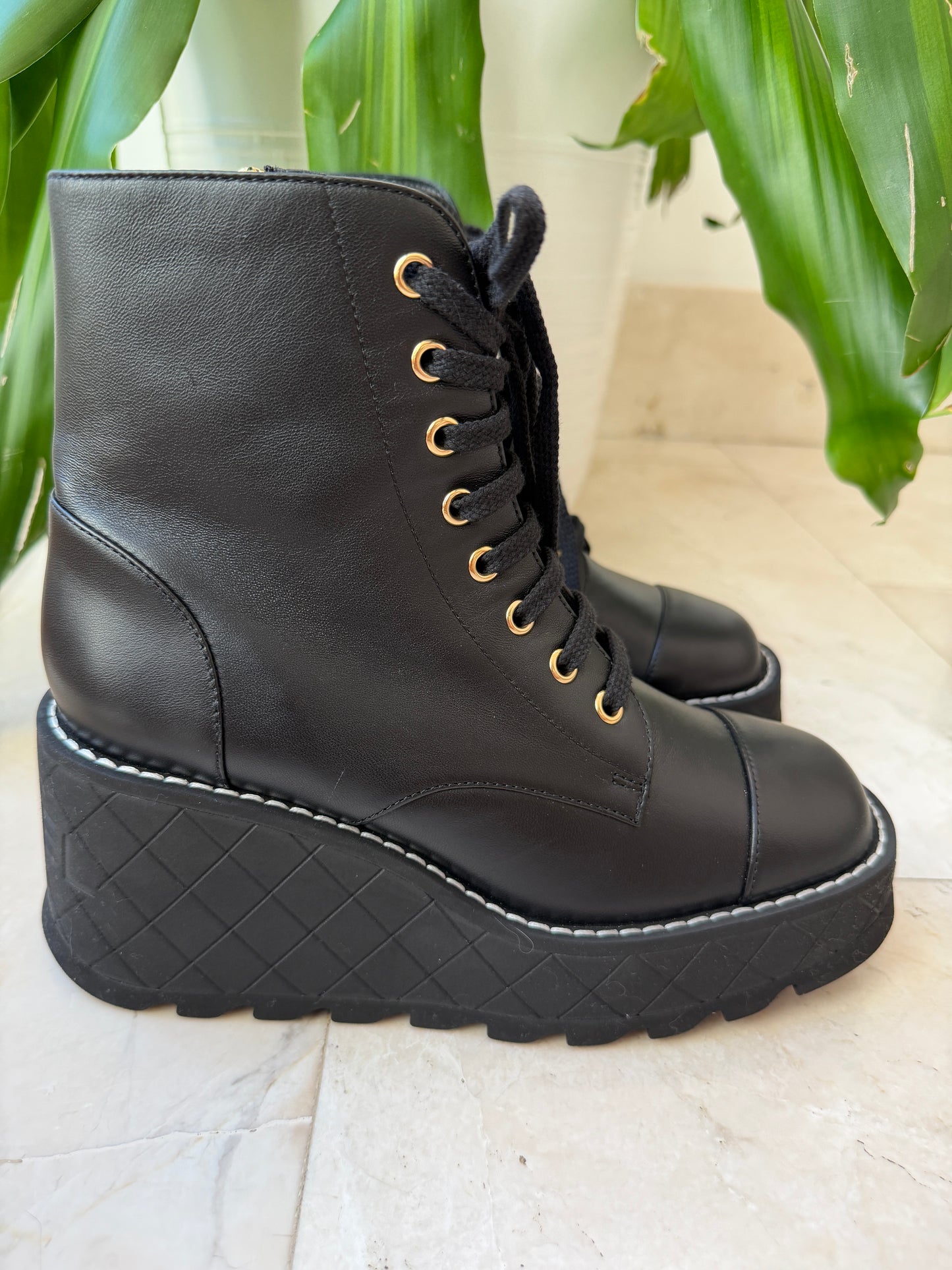Chanel 2024 Platform Interlocking CC Logo Combat Wedge Lambskin Lace Up Ankle Boots