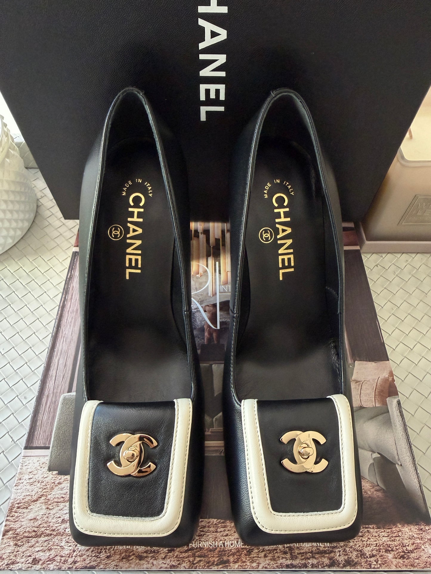 Chanel SS 26 Blazy Black Lambskin Square Toe CC Logo Turn-lock Pumps Heels