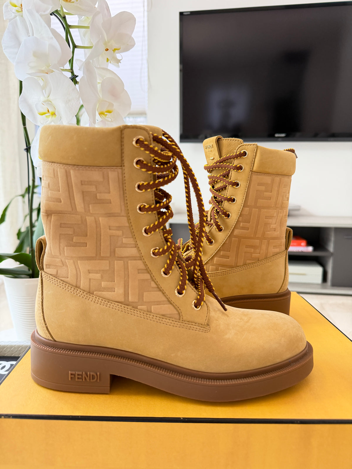 Fendi Filo Beige Nubuck FF Embossed Logo Lace Up Tie Combat Ankle Biker Boots
