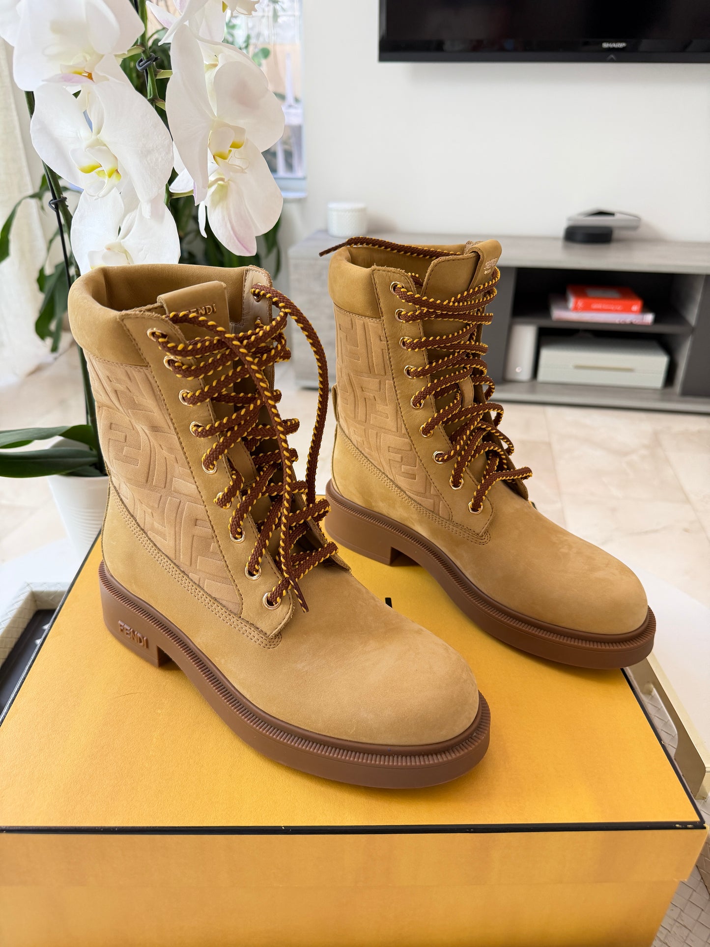Fendi Filo Beige Nubuck FF Embossed Logo Lace Up Tie Combat Ankle Biker Boots