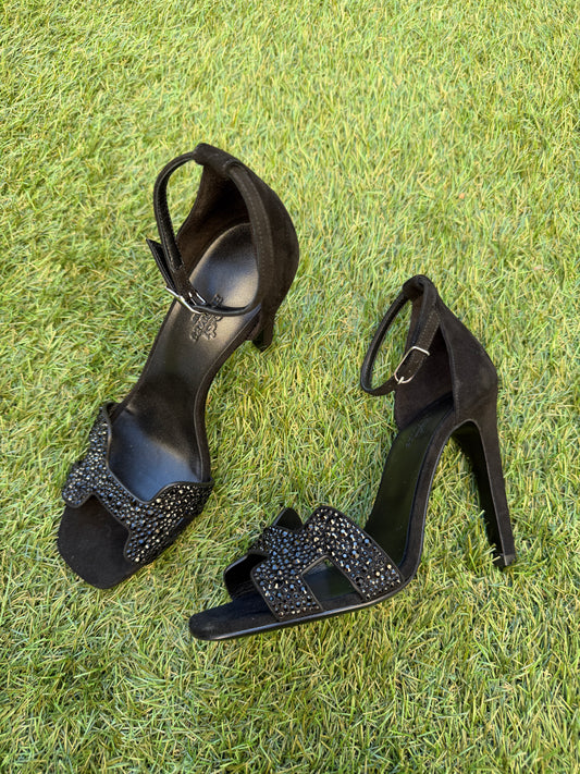 Hermes Joy 105 Noir Black Suede Crystal Strass Ankle Strap Sandal Heels