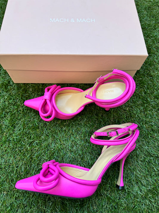 Mach & Mach Double Bow Hot Pink Fuchsia Leather Pointed Toe Ankle Strap Sandals Heels Shoes