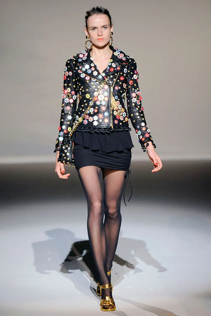Moschino Spring 2010 Biker Black Leather Jacket Grommet Flowers Appliqué pre-owned