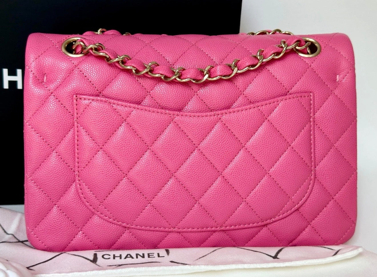 CHANEL PINK CAVIAR LEATHER SMALL CLASSIC DOUBLE FLAP BAG LIGHT GOLD HARDWARE