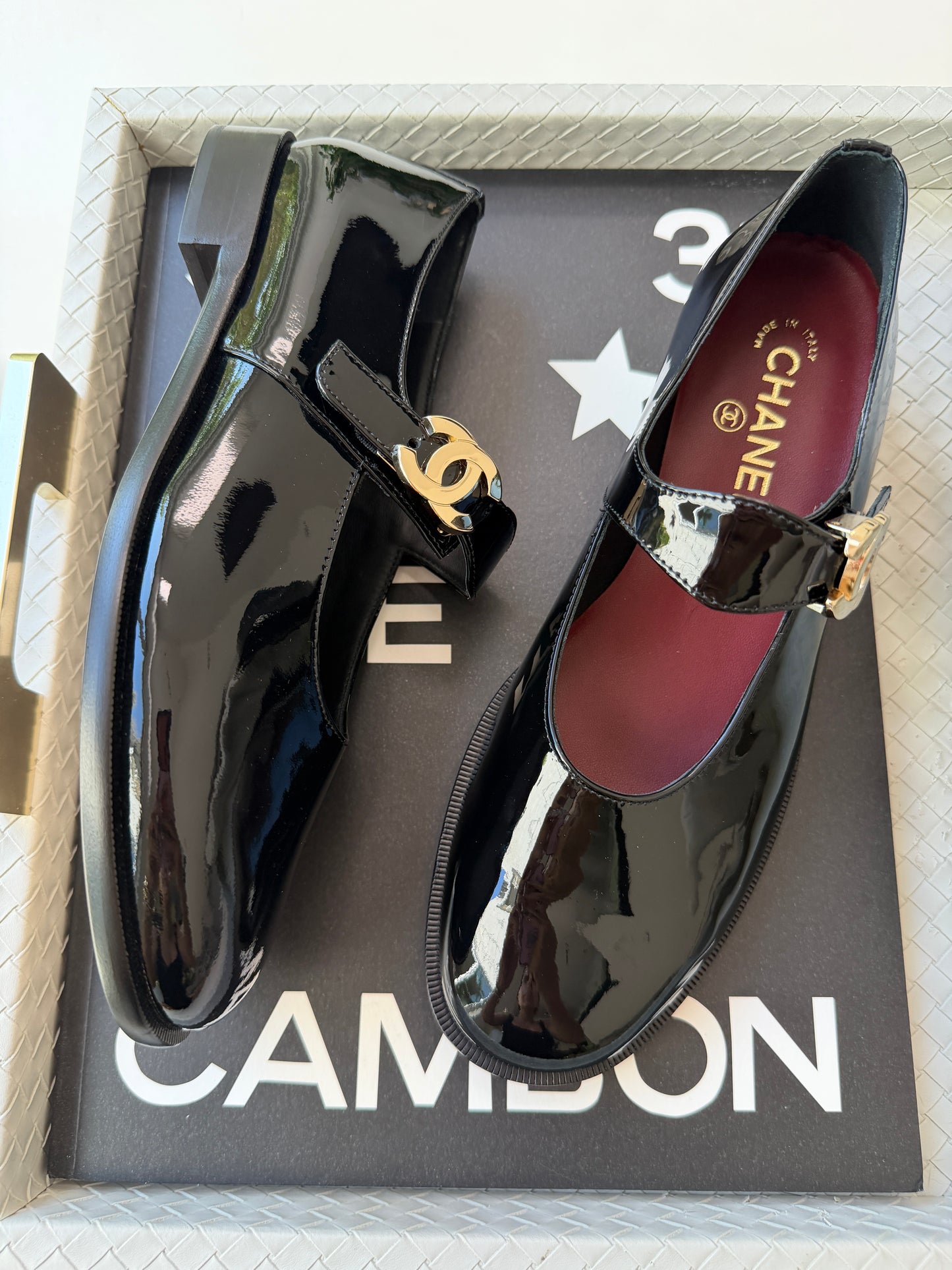 CHANEL 26B BLACK PATENT LEATHER MARYJANES GOLD CC LOGO ADJUSTABLE LOCK FLATS