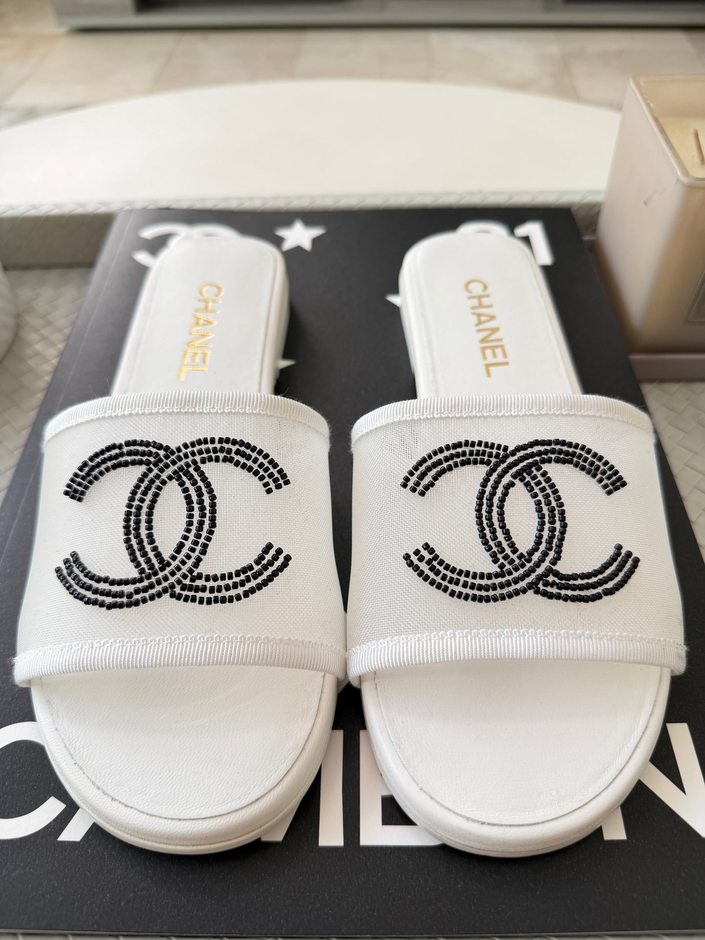 Chanel Blazy White Mesh Black Beads CC Logo Slides Sandals Mules Slide Flats