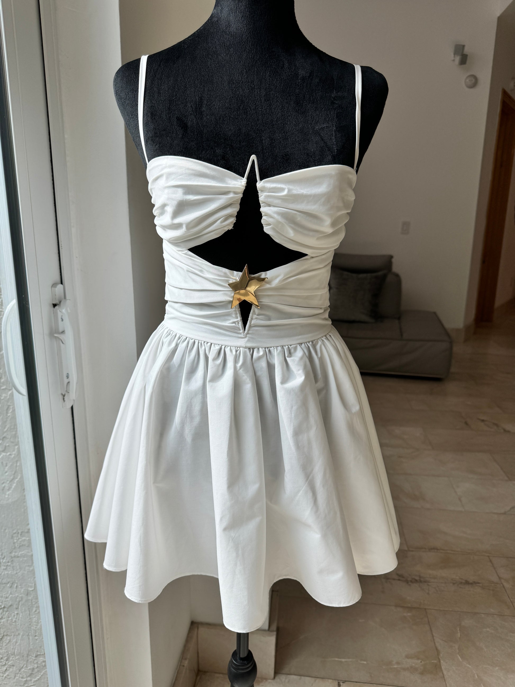 Area Gold Golden Star Cut Out Poplin Gathered Cotton White Mini Dress Area Gold Golden Star Cut Out Poplin Gathered Cotton White Mini Dress