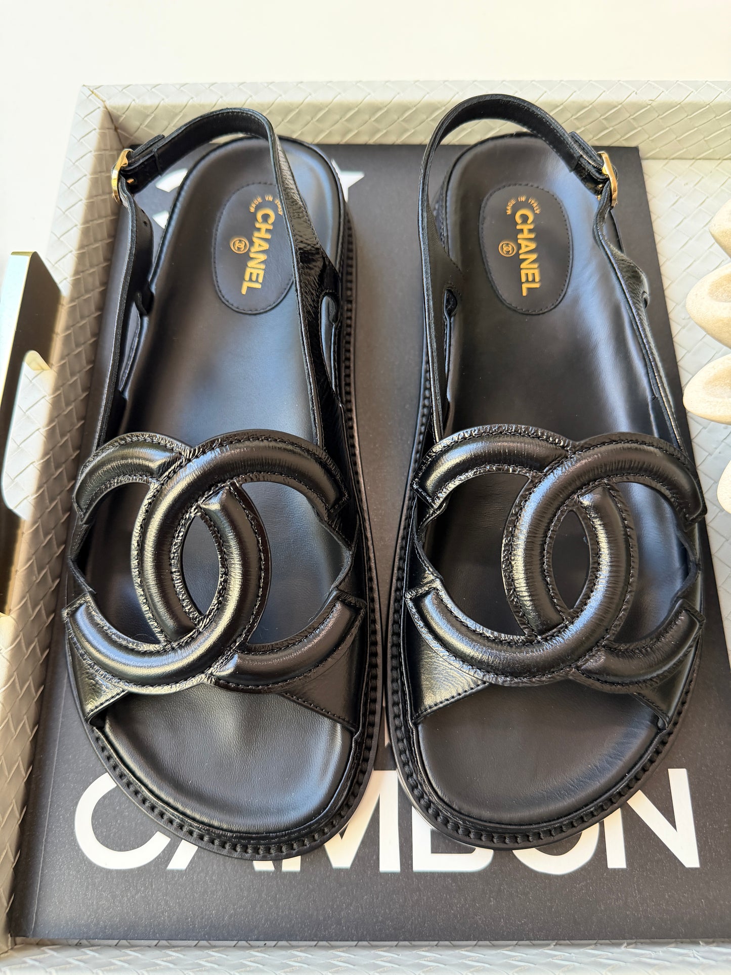 Chanel FW 26 Blazy Crumpled Shiny Lambskin Leather Black CC Logo Dad Sandals Slingbacks