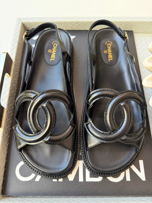 Chanel FW 26 Blazy Crumpled Shiny Lambskin Leather Black CC Logo Dad Sandals Slingbacks