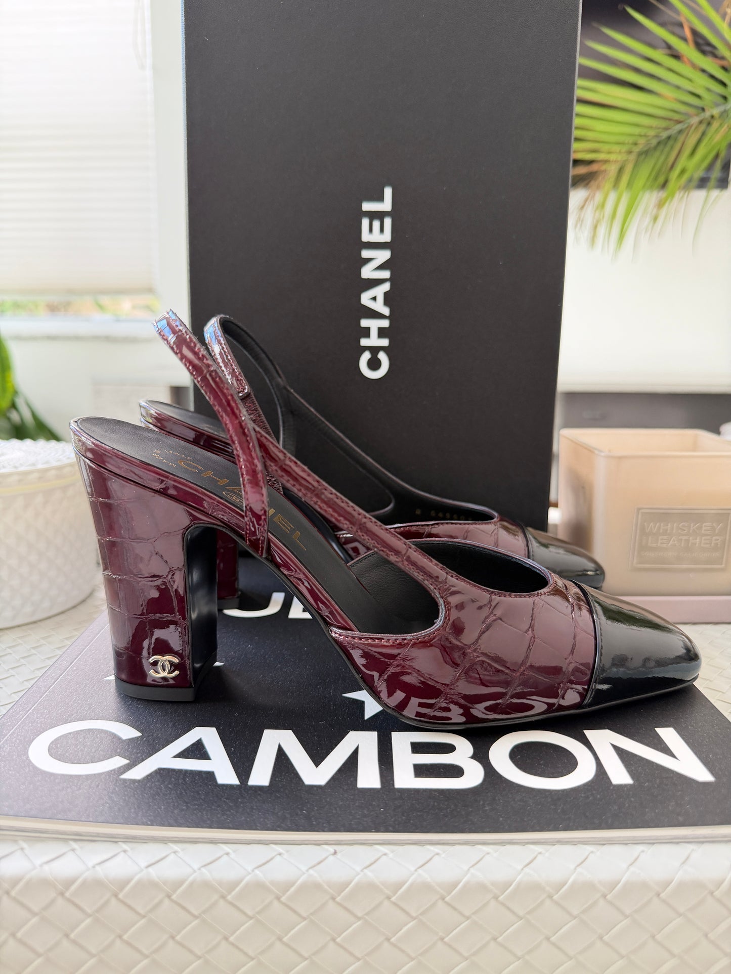Chanel 26A Coco Sling Burgundy Bordeaux Fonce Croc Embossed Patent Leather Slingback Metiers Dart Pumps Heels