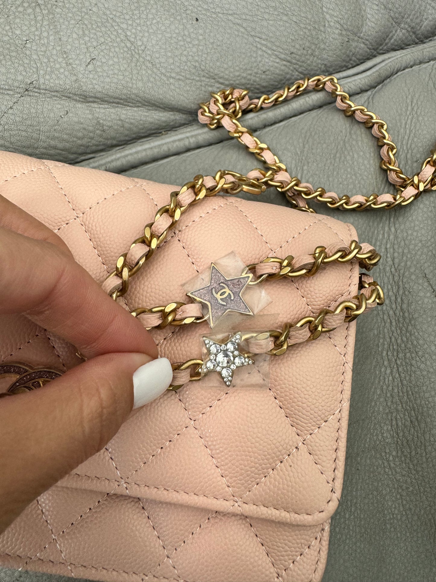 Chanel WOC Wallet On Chain Shiny Grained Calfskin Quilted Charms Enamel Strass Gold-Tone Metal Light Pink Bag Handbag