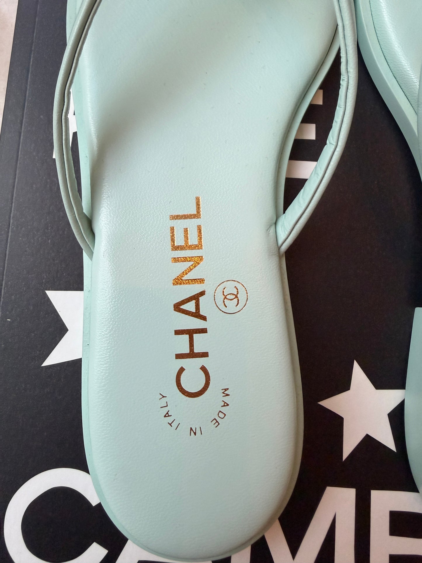Chanel 2026 MÉTIERS D’ART Turquoise Leather Gold CC Logo Flip Flops Slides Flat Sandals Thongs