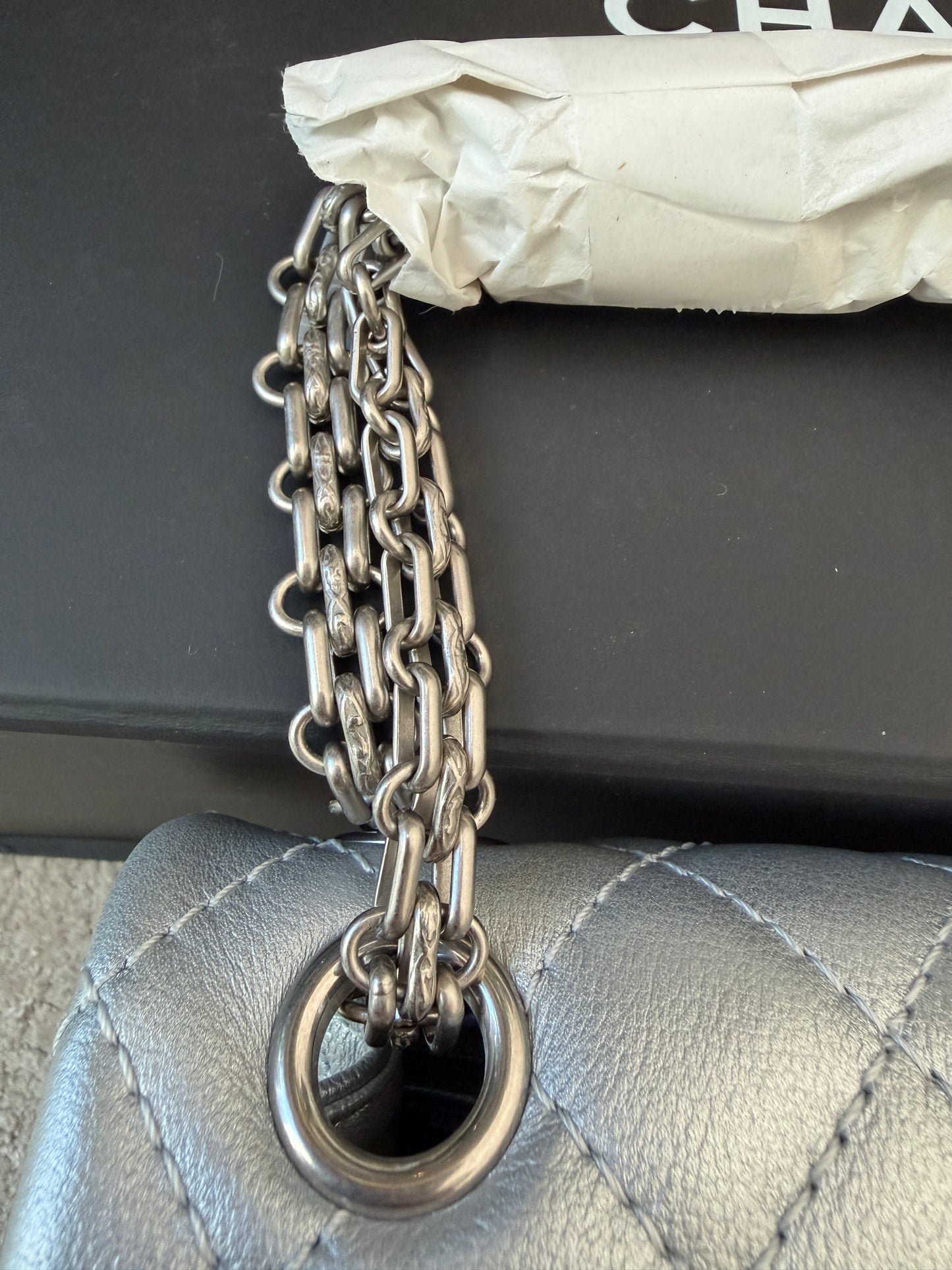2021A CHANEL MINI REISSUE 2.55 METALLIC SILVER GOATSKIN LEATHER FLAP LEATHER BAG CHAIN CROSS BODY