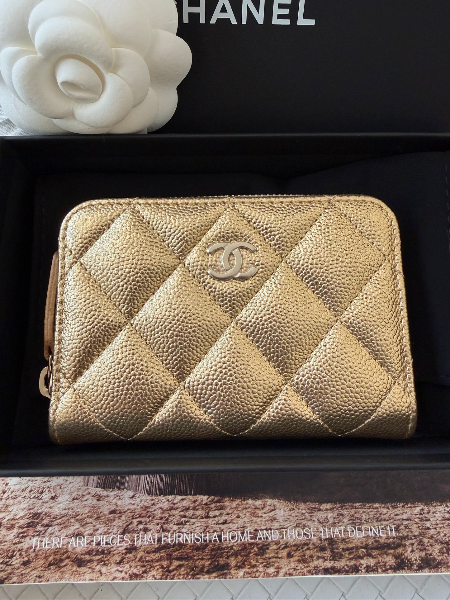 Chanel 26 Classic Zipped Zip Coin Purse Caviar Leather Gold Dore Metallic Wallet
