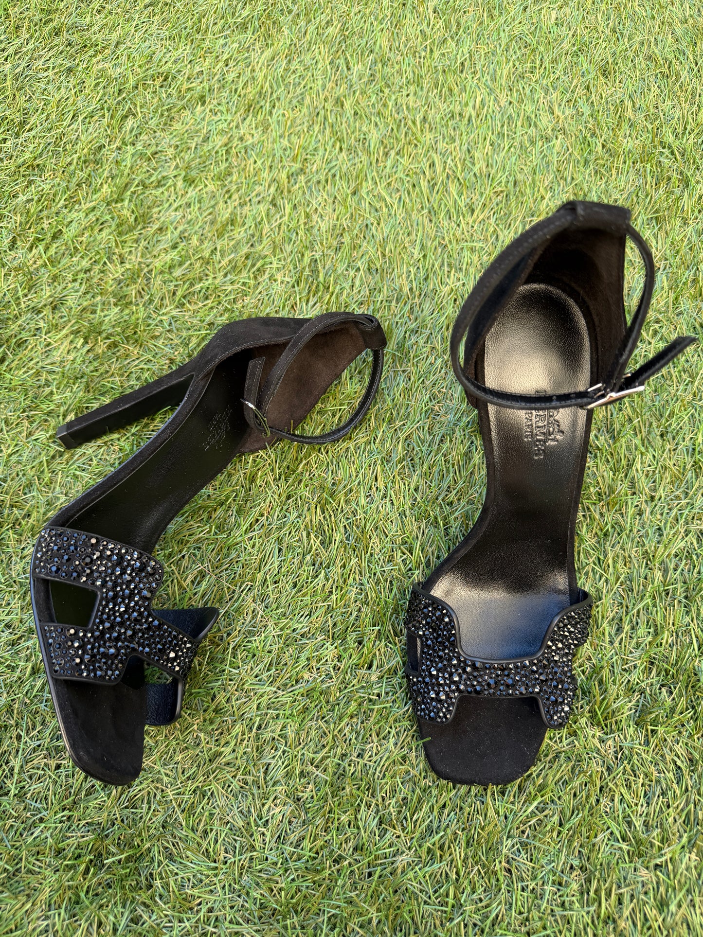 Hermes Joy 105 Noir Black Suede Crystal Strass Ankle Strap Sandal Heels