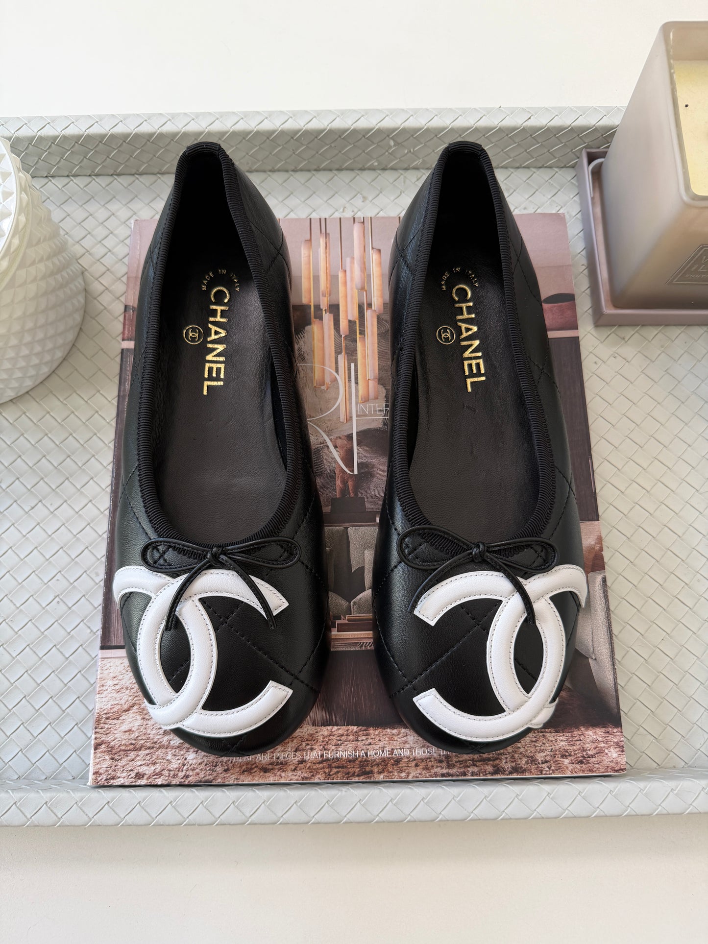 Chanel Cambon 2026 Coco Beach CC Logo Black Leather White Ballet Ballerina Flats