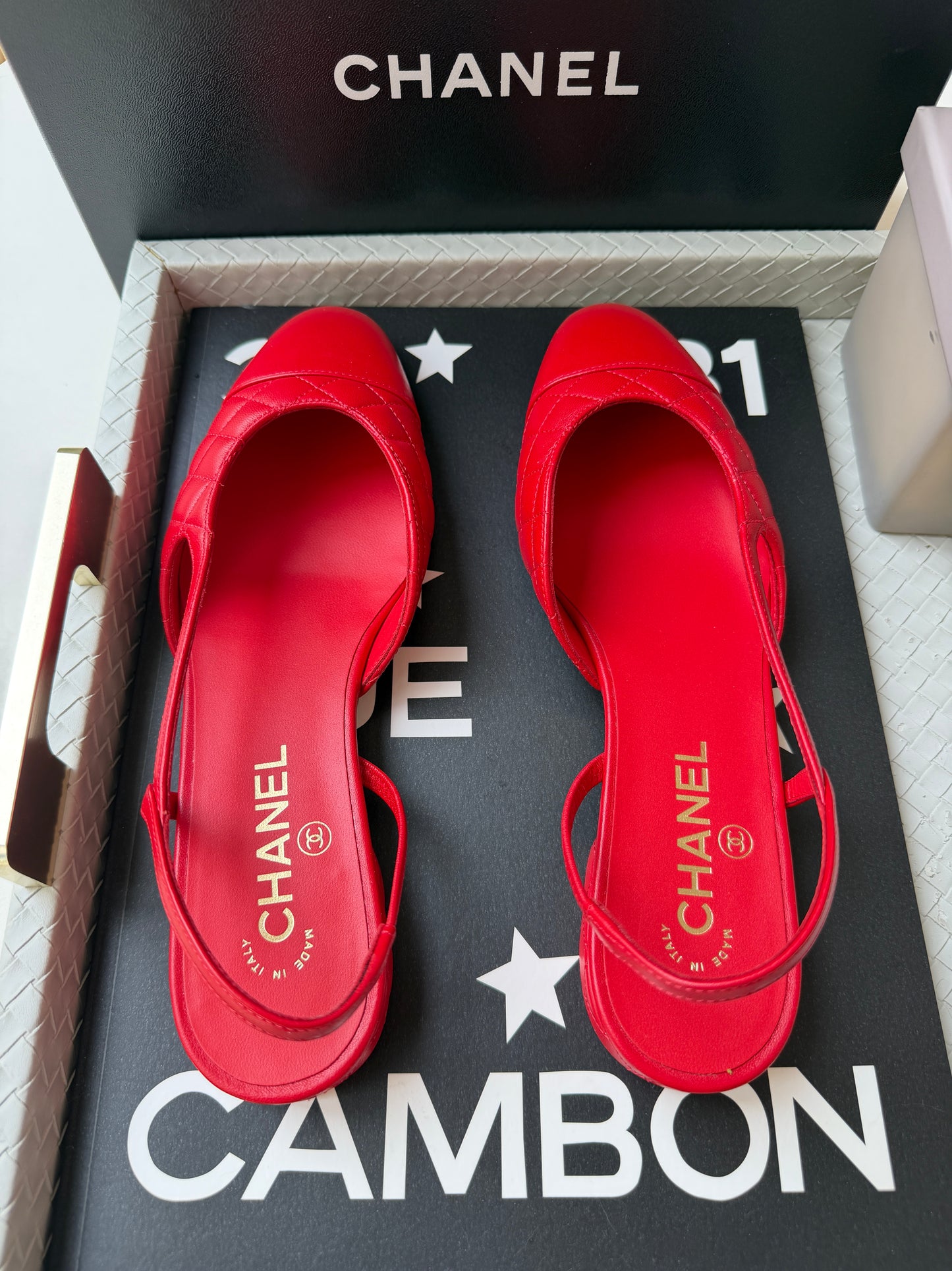 Chanel 26B Red Agneau Rouge Quilted Lambskin Leather Slingback Sling CC Flats