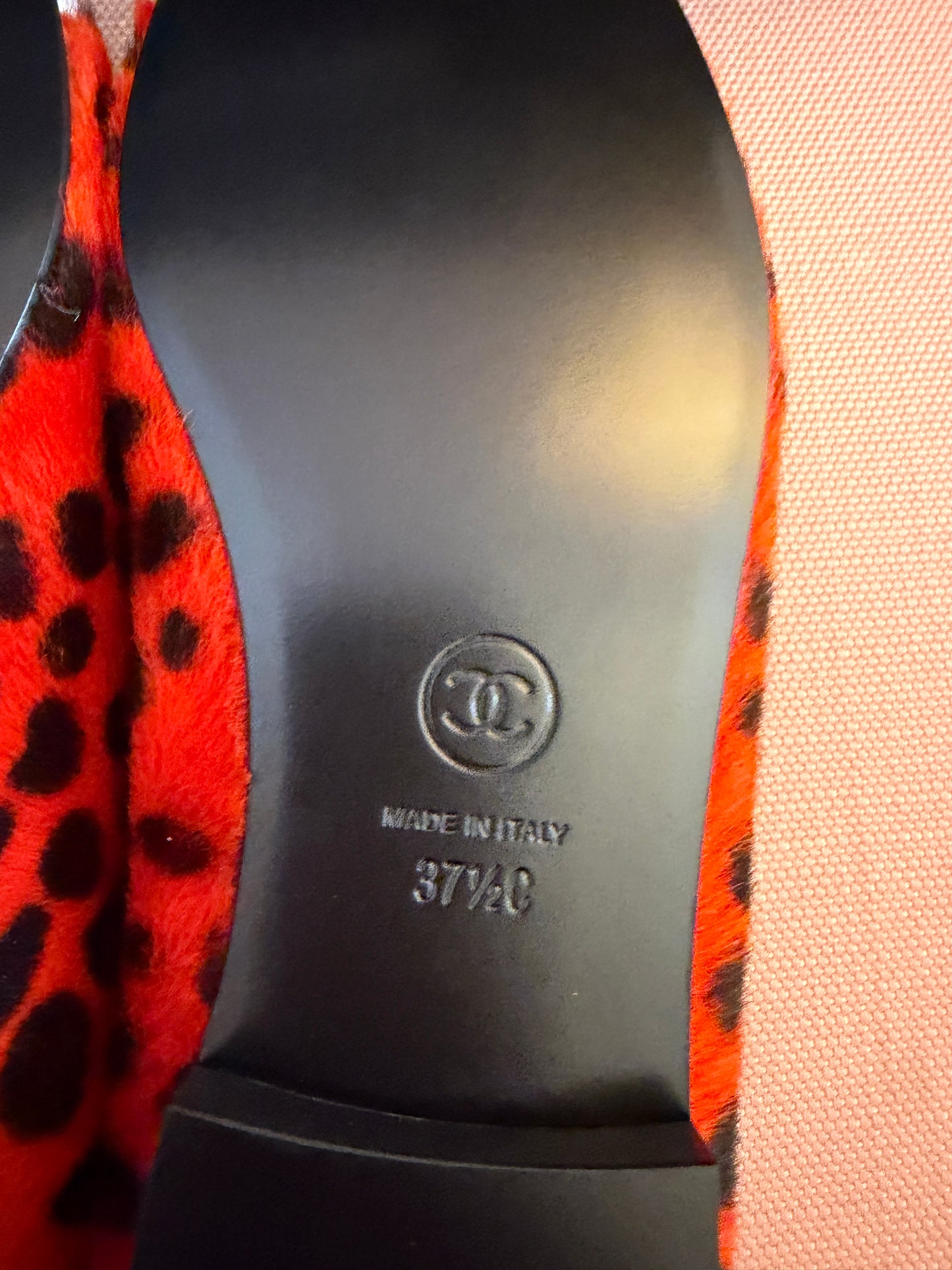 Chanel MÉTIERS D’ART 26 Red Orange Black White Pony Hair Animal Print Ballet Flats