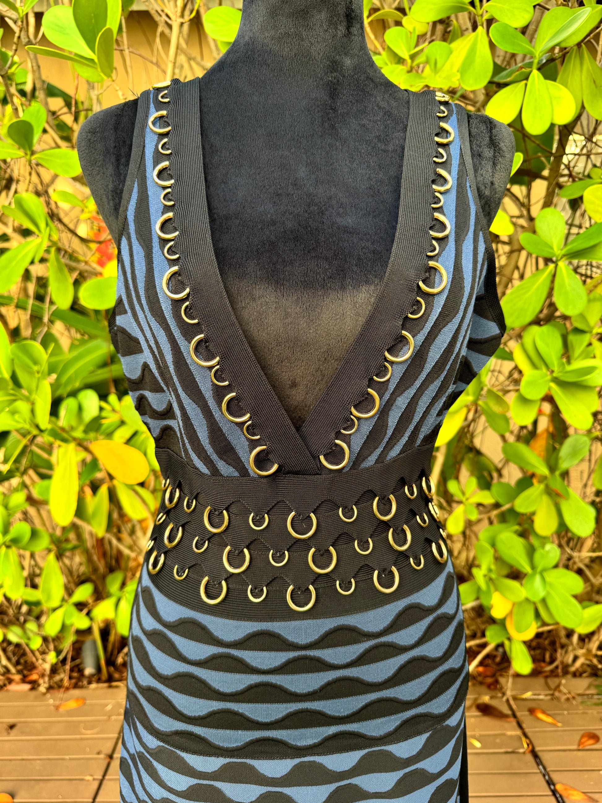 HERVE LEGER KATRIN RING-EMBELLISHED JACQUARD-KNIT BANDAGE DRESS BLACK Miami Lux Boutique HERVE LEGER KATRIN RING-EMBELLISHED JACQUARD-KNIT BANDAGE DRESS BLACK Miami Lux Boutique