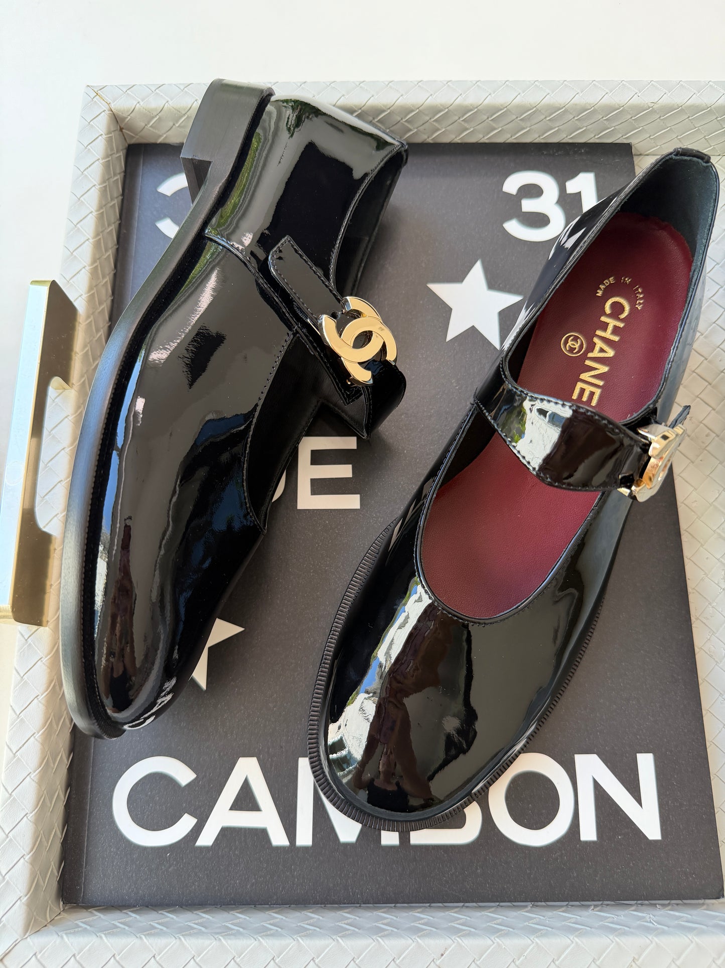 CHANEL 26B BLACK PATENT LEATHER MARYJANES GOLD CC LOGO ADJUSTABLE LOCK FLATS